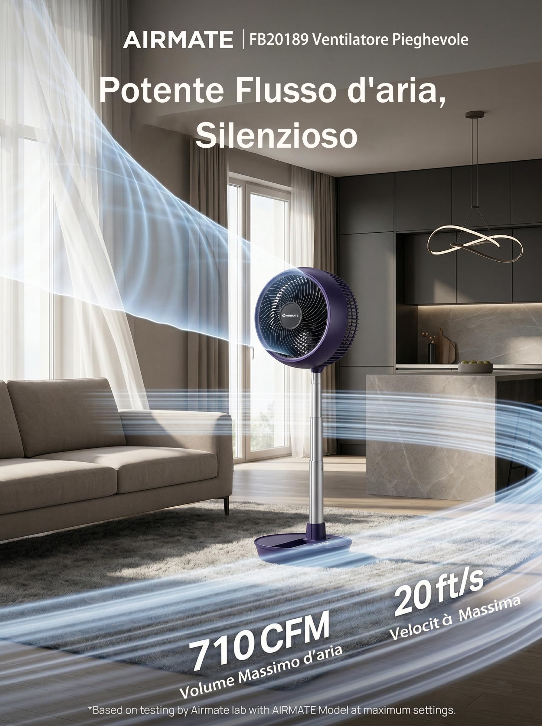 AIRMATE 63CM Ventilatore a Piantana con Telecomando, Ventilatore da Tavolo Silenzioso Pieghevole e Altezza Regolabile, 90°+180°Oscillante, 8 Velocità, Timer, Ventilatore Potente per Scrivania e Camera