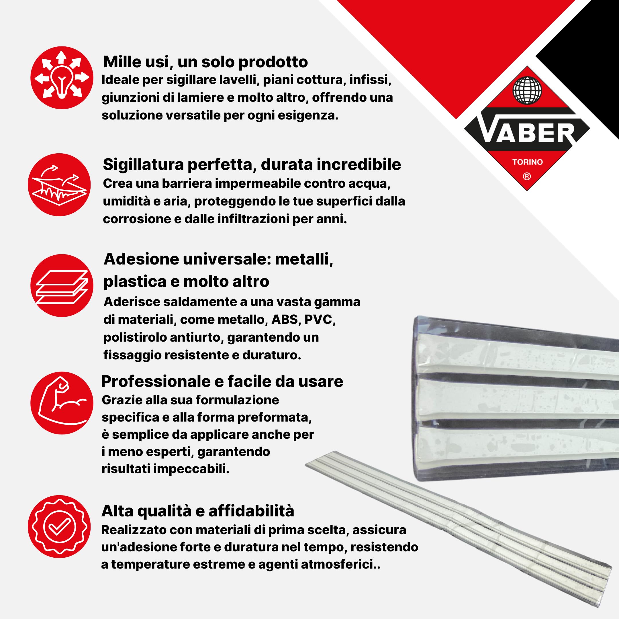 VABER 240 NF - Mastice per Cucina 6 Strisce 50cm; Sigilla Piani Cottura, Lavelli e Infissi per Sigillatura Resistente all’acqua - Adesione Universale: Fissa Metalli, Plastica, PVC e altri materiali