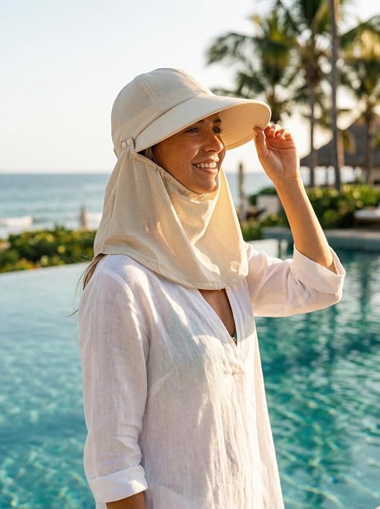 Outdoor Wide Brim Sun Hat Visor for Women, Detachable Face & Neck Cover, Hiking Gardening UPF 50+, Ponytail Friendly