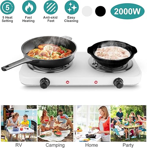 Miniatura 2 de Placa de cocción eléctrica, estufa eléctrica portátil de 2000 W, quemadores de doble bobina con control dual y control de temperatura de 5 niveles,