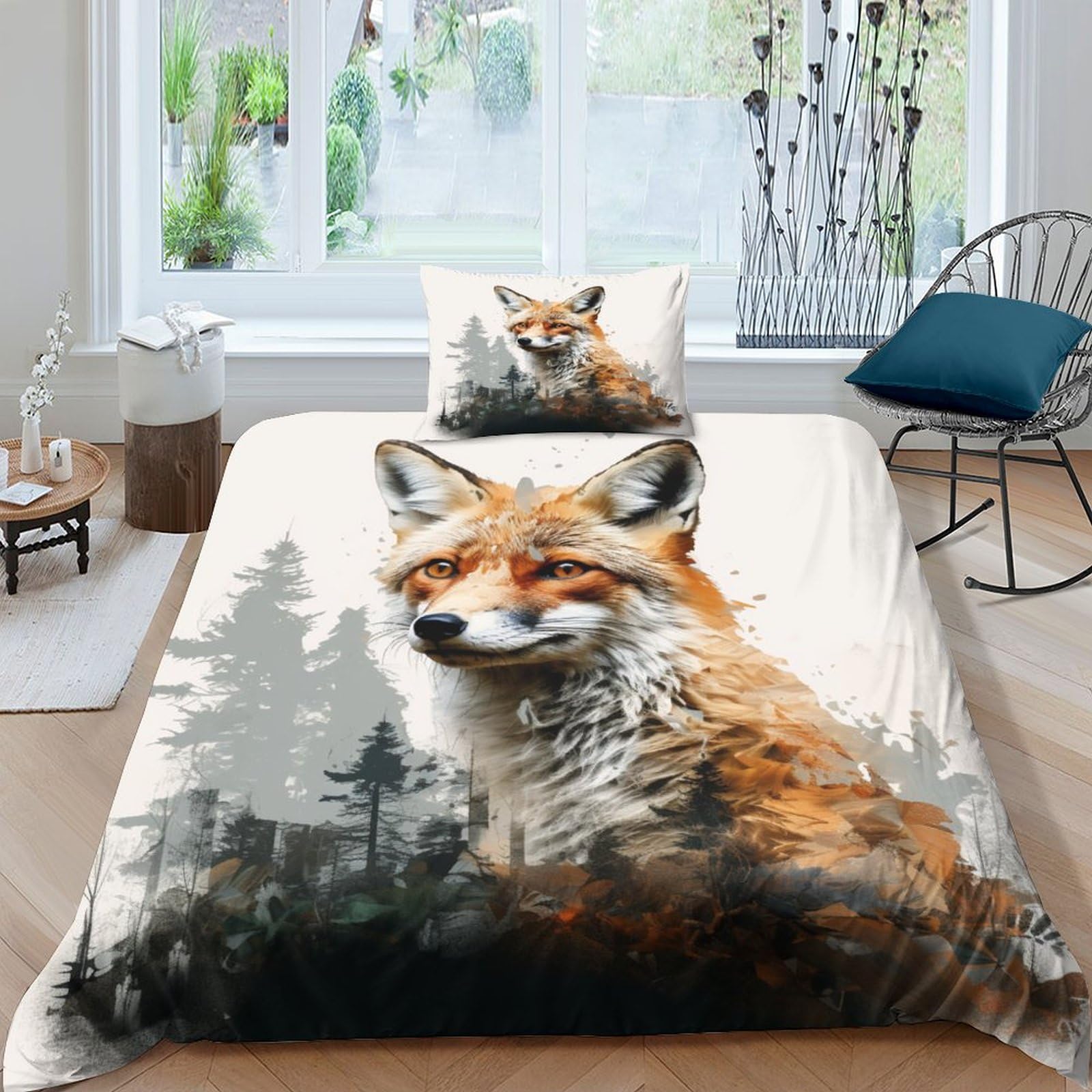 ZHUICHENG Fox Reversible 2 Piece Duvet Cover,3D Bedding Sets,Geometrical Bed Forest Fox Quilt Covers With Pillow Cases for Kids Adult Teens Theme Comforter Cover Easy Care Single（135x200cm）