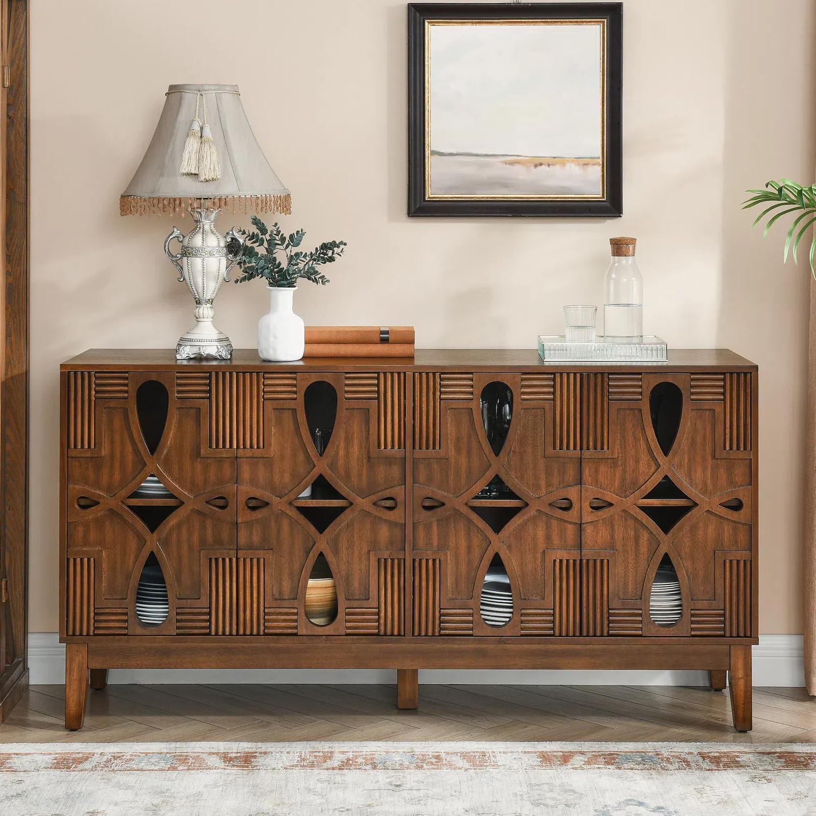 WILSHINE Sideboard Buffet Cabinet with Hollow Carved Doors, 60" Entryway Table with Storage, Mid Century Modern Walnut Credenza for Living Room