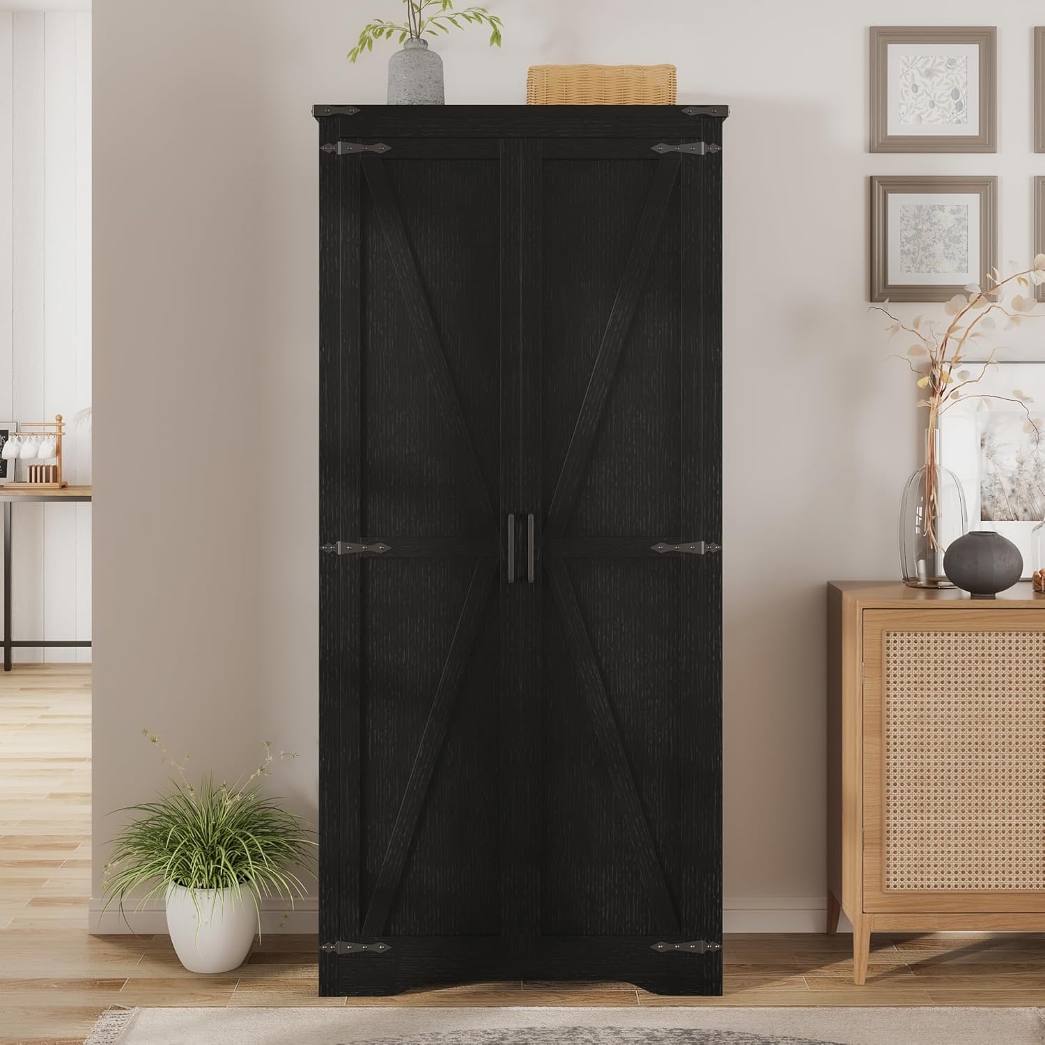 Befrases Farmhouse Storage Cabinet with Adjustable Shelves, Large Pantry Organize with 2 Barn Doors, Tall Freestanding Cabinet for Kitchen, Bathroom, Garage, Basement, Living, Utility Room, Black