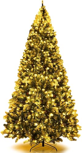 Miniatura 24 de Goplus Árbol de Navidad artificial preiluminado de 7.5 pies, árbol de Navidad flocado de nieve con bisagras con conos de pino, bayas rojas y 550