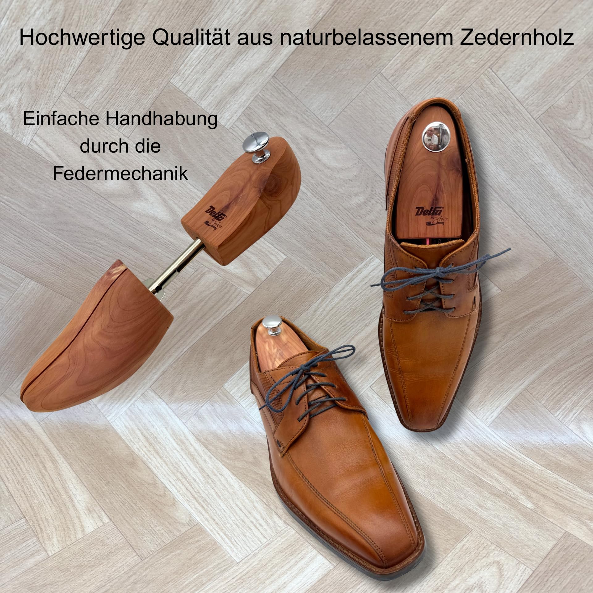 DELFA Cedar Premium Schuhspanner Gr.40/41 bis 46/48 | 5 Paar, mit exklusivem Schuhbeutel, naturbelassenes Holz aus der Red Cedar