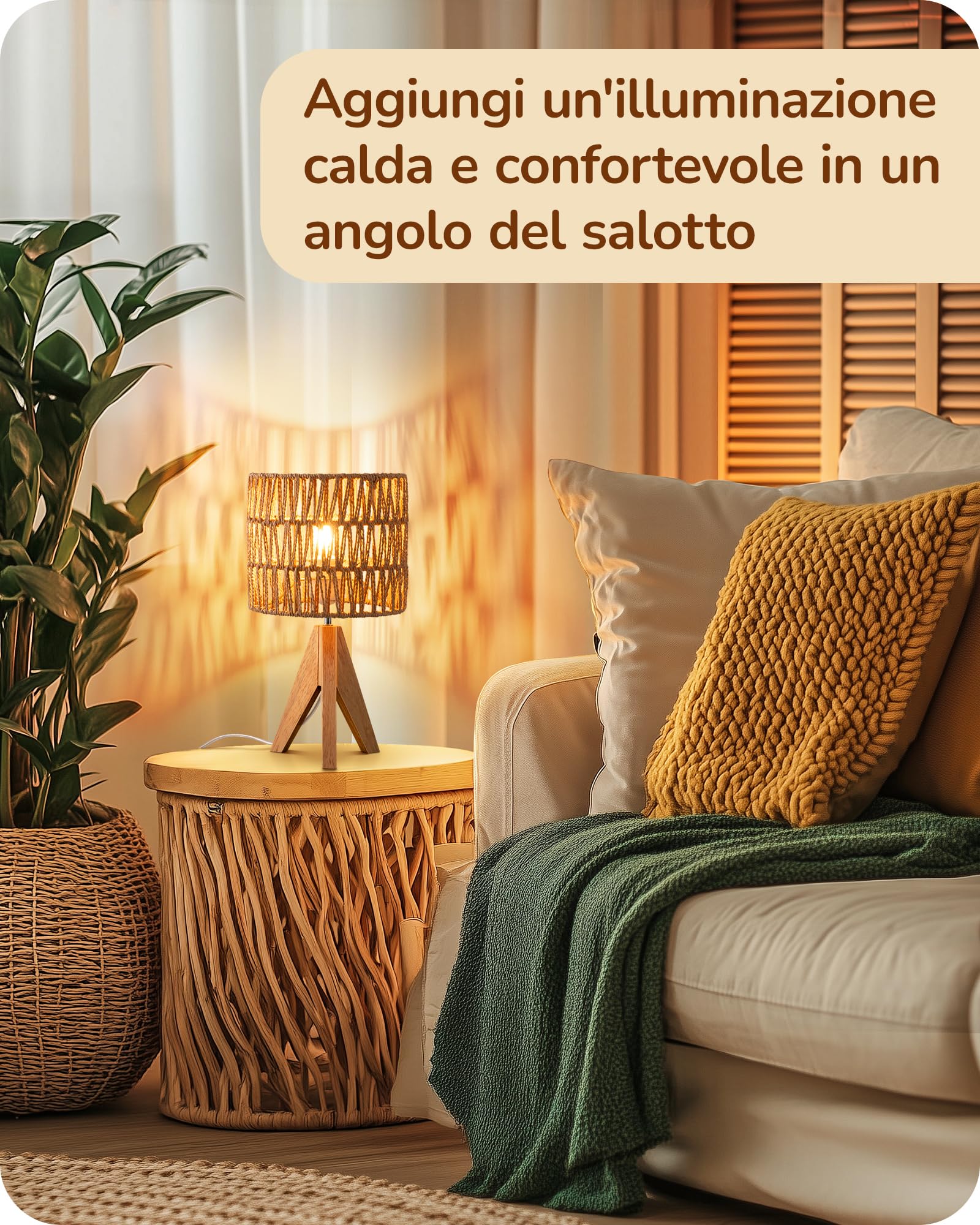 EDISHINE Lampada da Comodino con Treppiede in Legno Massiccio, Lampadina E27 2700K 4W Inclusa, Paralume in Corda Intrecciata a Mano, 20 x 20 x 36 cm, Lampada da Tavolo Moderna per Camera, Soggiorno