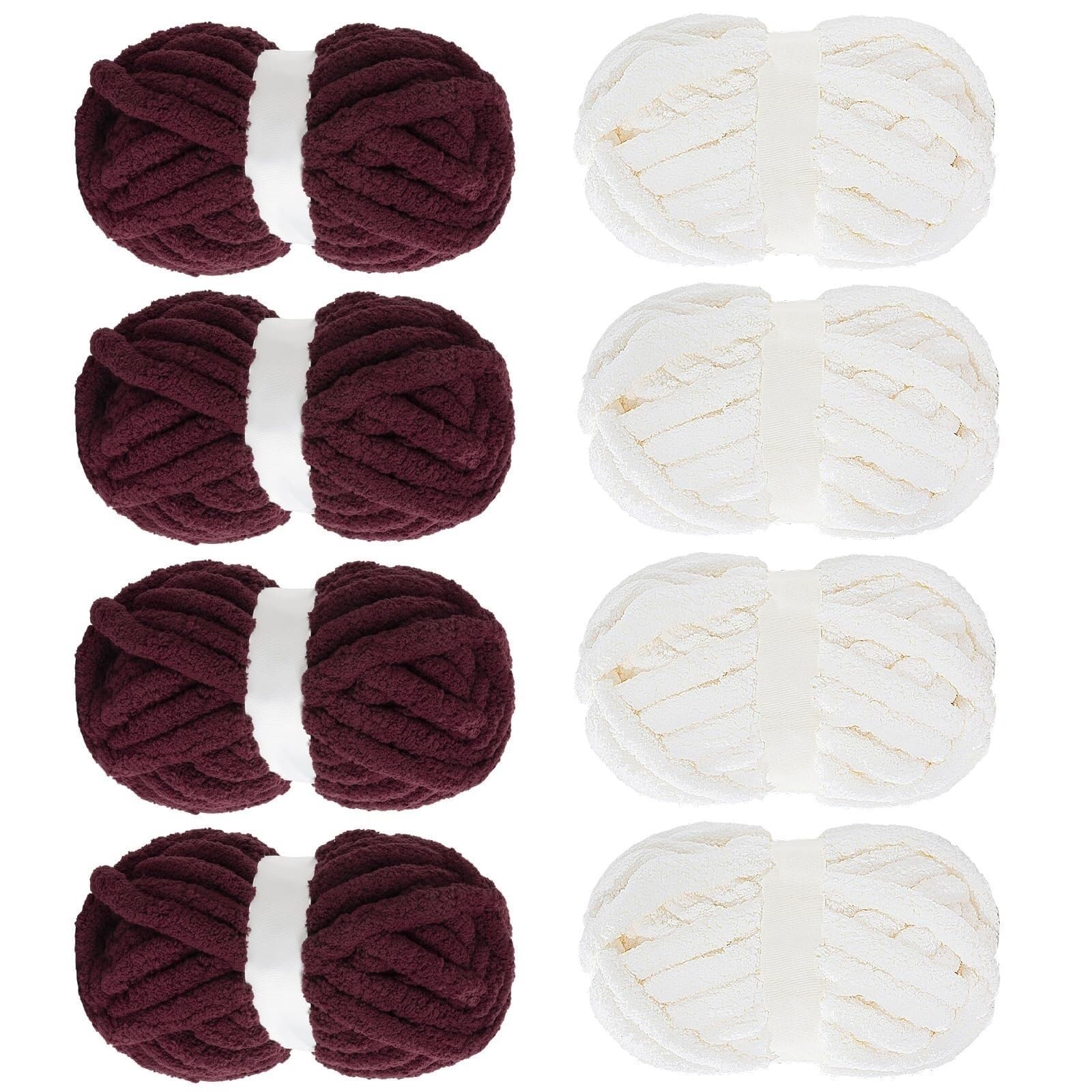 8 Pack Assorted Chunky Yarn for Crocheting, Fluffy Jumbo Chenille Yarn, Soft Plush Yarn Bulky, Giant Thick Fuzzy Yarn for Hand or Arm Knitting, Cream & Khaki&Sage&Grey (Cream & Wine Red)