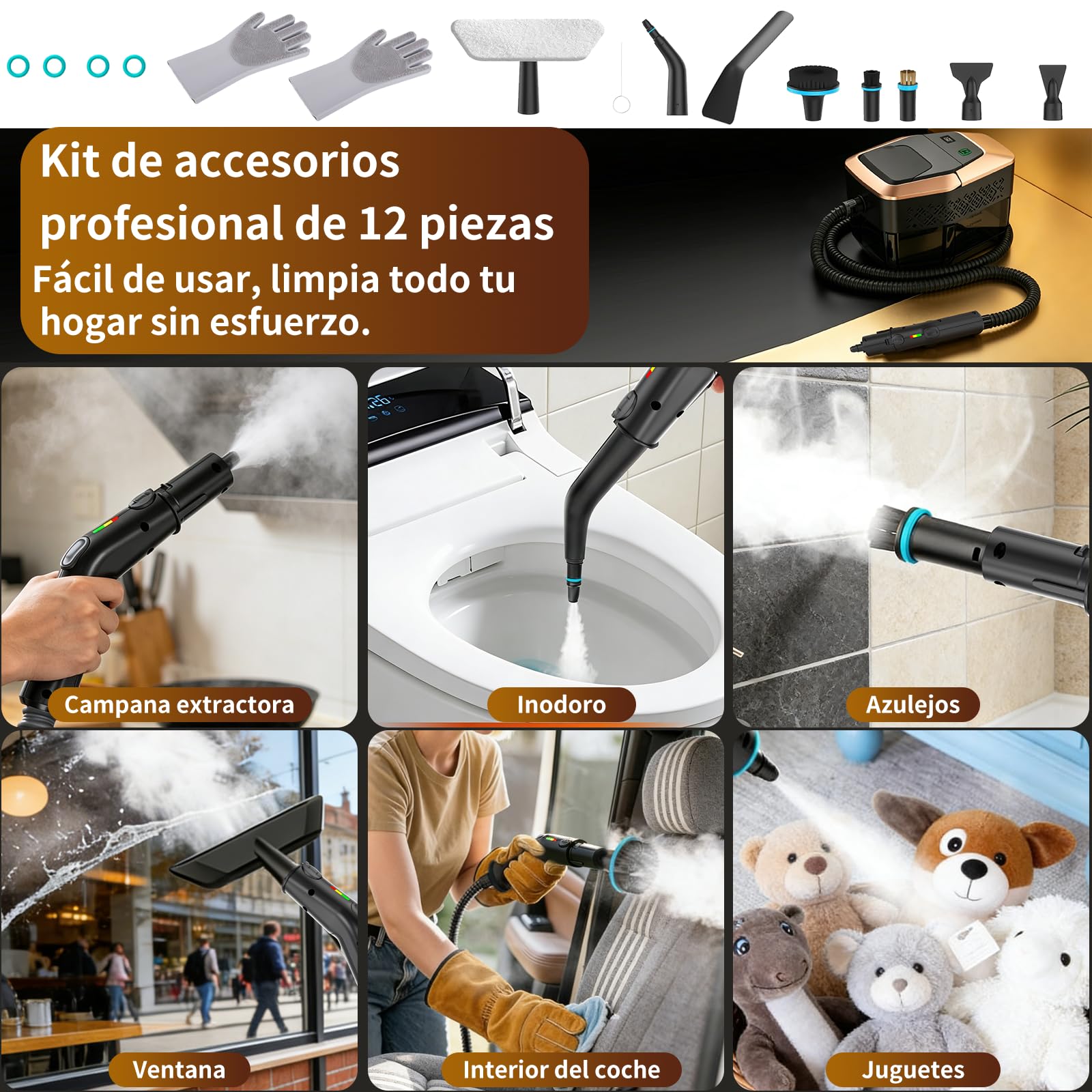 Limpiador de vapor portátil 2500W con mando graduado en el mango, 8 boquillas, depósito 1800 ml, 3 niveles de vapor, 15 segundos de calentamiento, para coche cocina baño tapicería barbacoa