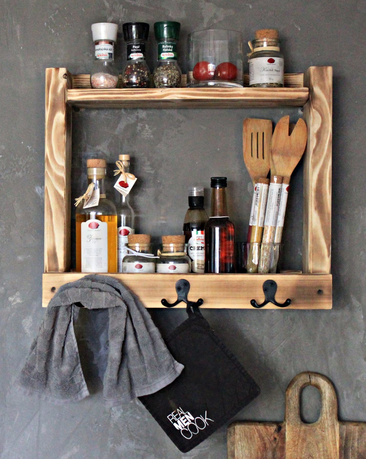 Gewürzregal aus Holz für die Wand - geflammt - 2 Stellflächen und Metall Haken - 42 x 50 x 17 cm - Massivholz