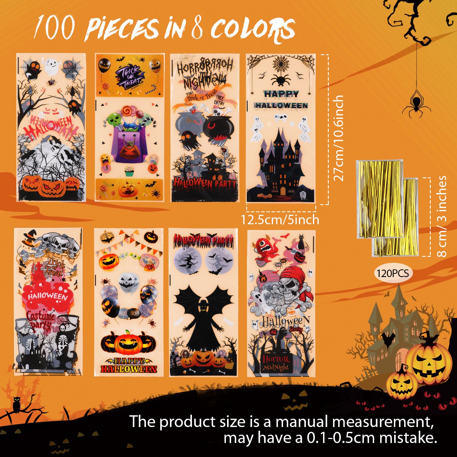 JOICEE 120 Stück Zellophantüten Mit Ahornblatt-Muster – Für Halloween, Thanksgiving & Partys | Mit Drehverschluss & Bändern