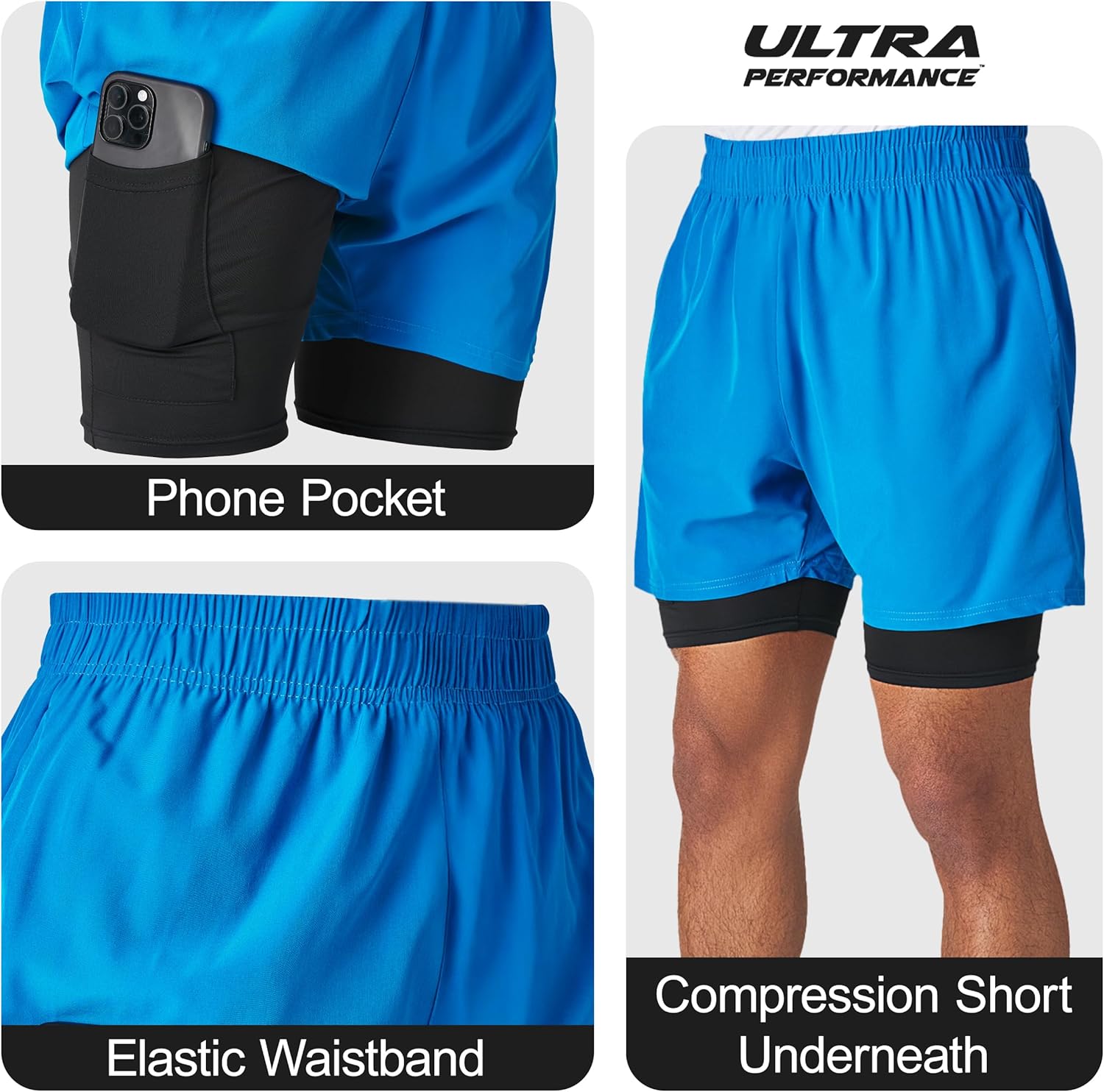 Ultra Performance Men's Athletic 2 in 1 Compression Shorts 2 Pack Mens Gym Workout Running Short’s for Men, 5 Inch Inseam - Image 2