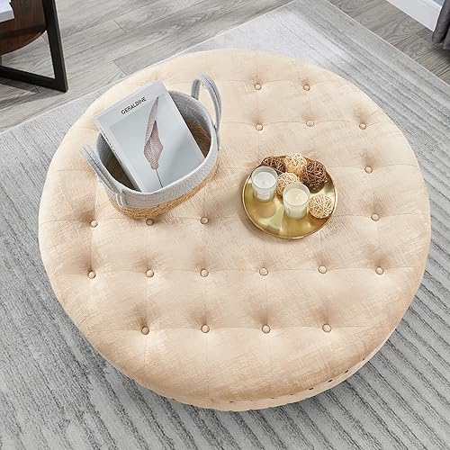 Miniatura 3 de Warmaxx Mesa de centro otomana redonda copetuda beige de 34 x 34 x 17 pulgadas de alto, otomana grande y resistente de terciopelo texturizado para
