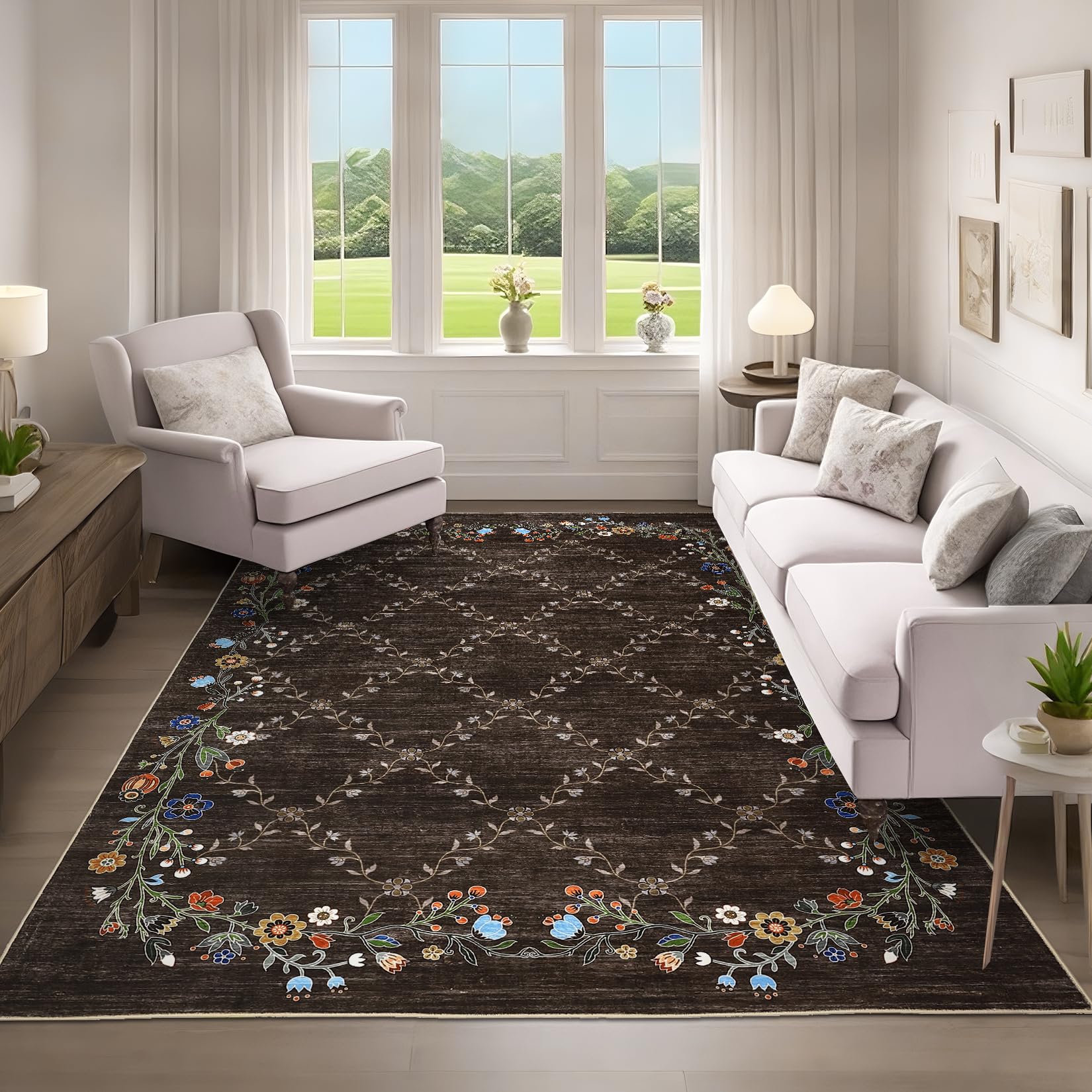 Garveehome 5x7 Washable Floral Area Rugs for Living Room: Modern Floral Non Slip Large Area Rugs for Bedroom, Large Machine Washable Living Room Low