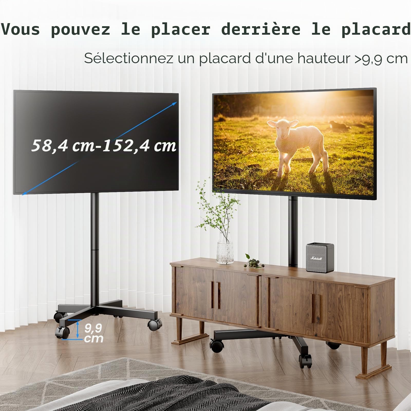 Support TV au Sol Meuble TV Mobile pour téléviseur Plat et incurvé de 23 à 60 Pouces, jusqu'à 40 kg, Hauteur réglable, pivotant, VESA Max. 400 x 400 mm