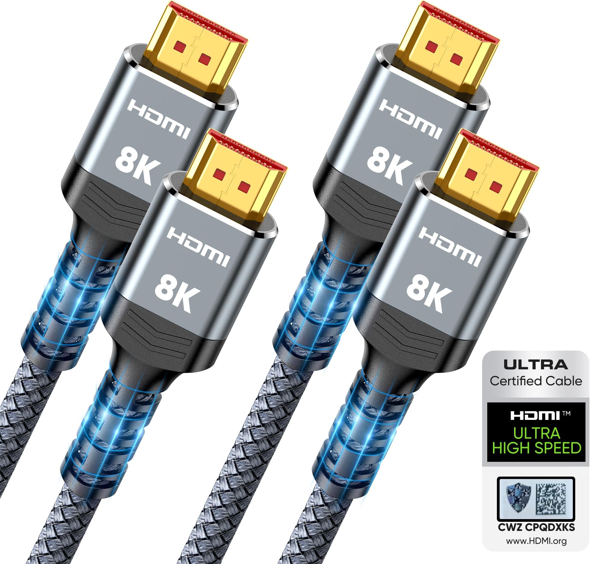 Highwings 8K HDMI Cable 2.1 2-Pack 6.6FT, Slim 48Gbps High Speed HDMI Braided Cord-4K@120Hz 144Hz 8K@60Hz, HDCP 2.2&2.3, Dynamic HDR,eARC,DTS:X,RTX 3090,Compatible with Roku TV/HDTV/PS5/Blu-ray