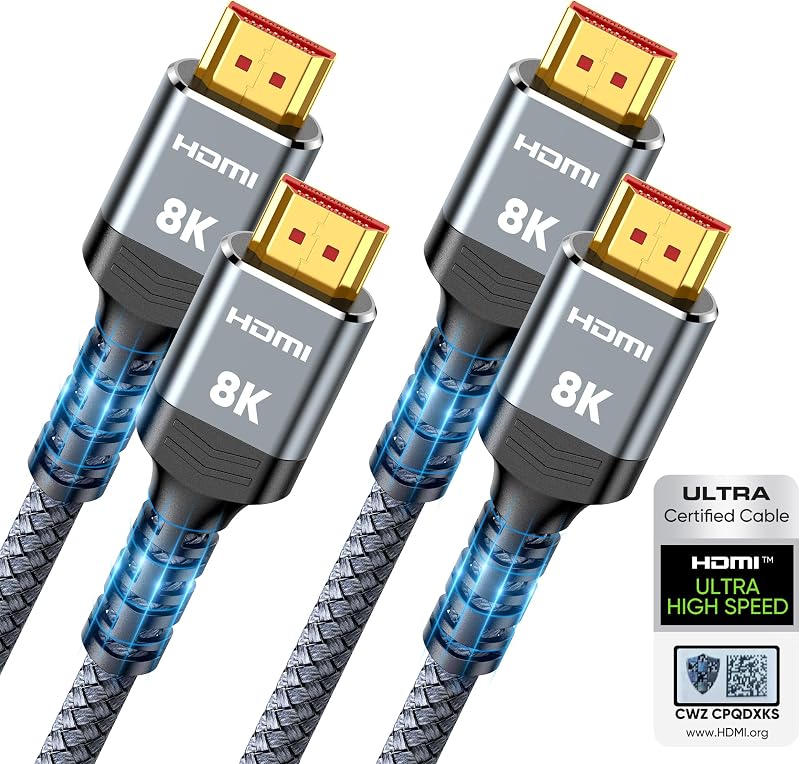 8K HDMI 2.1 Cable 2-Pack 6.6FT, Certified 48Gbps Ultra High Speed | Braided Slim HDMI Cord, 8K60Hz 4K@120Hz 8K@60Hz, HDCP 2.2&2.3, eARC,Dynamic HDR,DTS:X Compatible for PS5/Blu-ray/Roku TV/HDTV