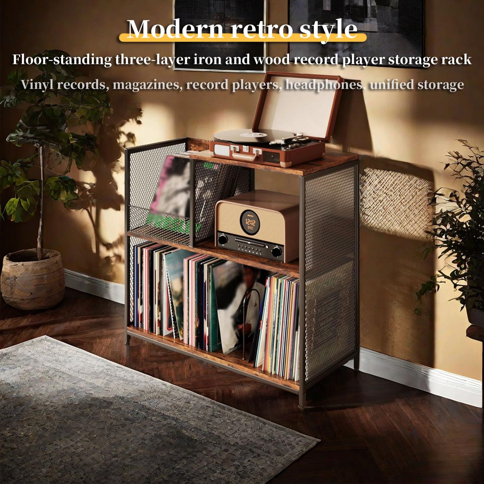 FORRTY Grande Libreria for Vinili A 3 Livelli, Conserva Fino A 300 LP, Supporto Giradischi in Metallo E Legno, Stile Industriale, Mobile Porta Vinile E CD for Soggiorno/Ufficio/Camera