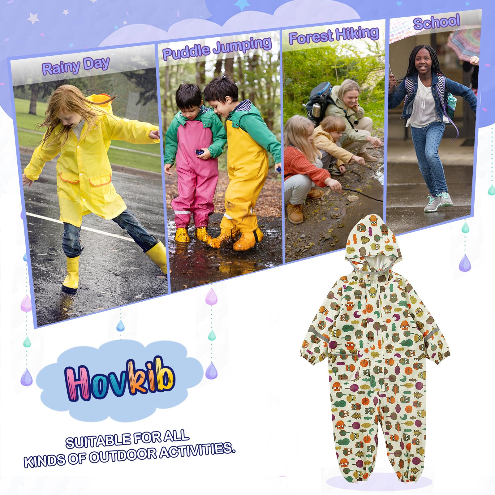 Impermeables para Niñas Niños Chubasqueros Chaquetas Ligero Capa de Lluvia Bebé Encapuchado Mono de Bolsillo Estampados Reflectante Abrigos Impermeables Unisex Niños 1-10 años