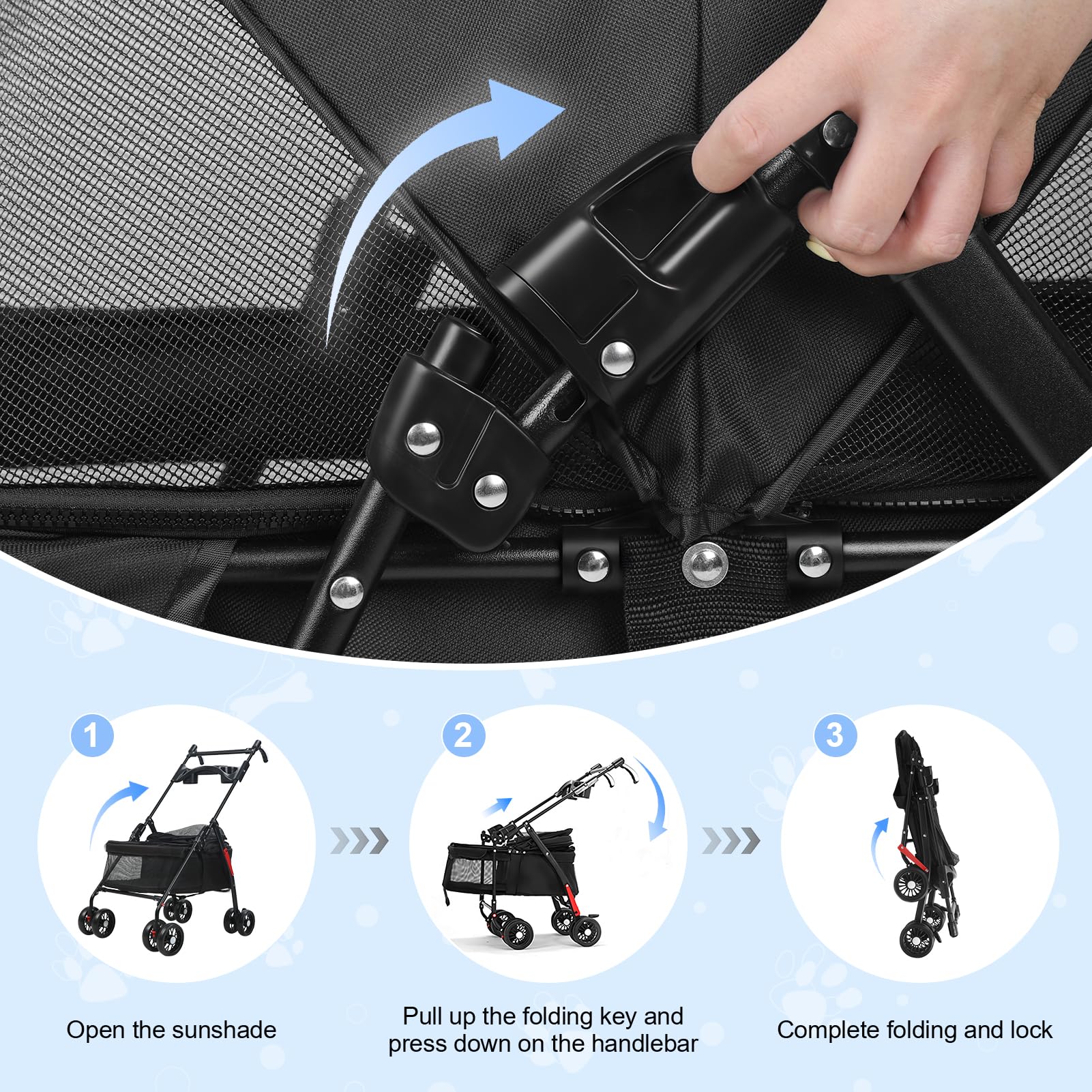 2in1 Hundewagen, Hundebuggy mit 1 Getränkehaltern, Hundebox Transporttasche Faltbar klappbar mit Feststellbremse, Bollerwagen für Hunde, 48 cm * 68 cm * 95cm (Schwarz-1)