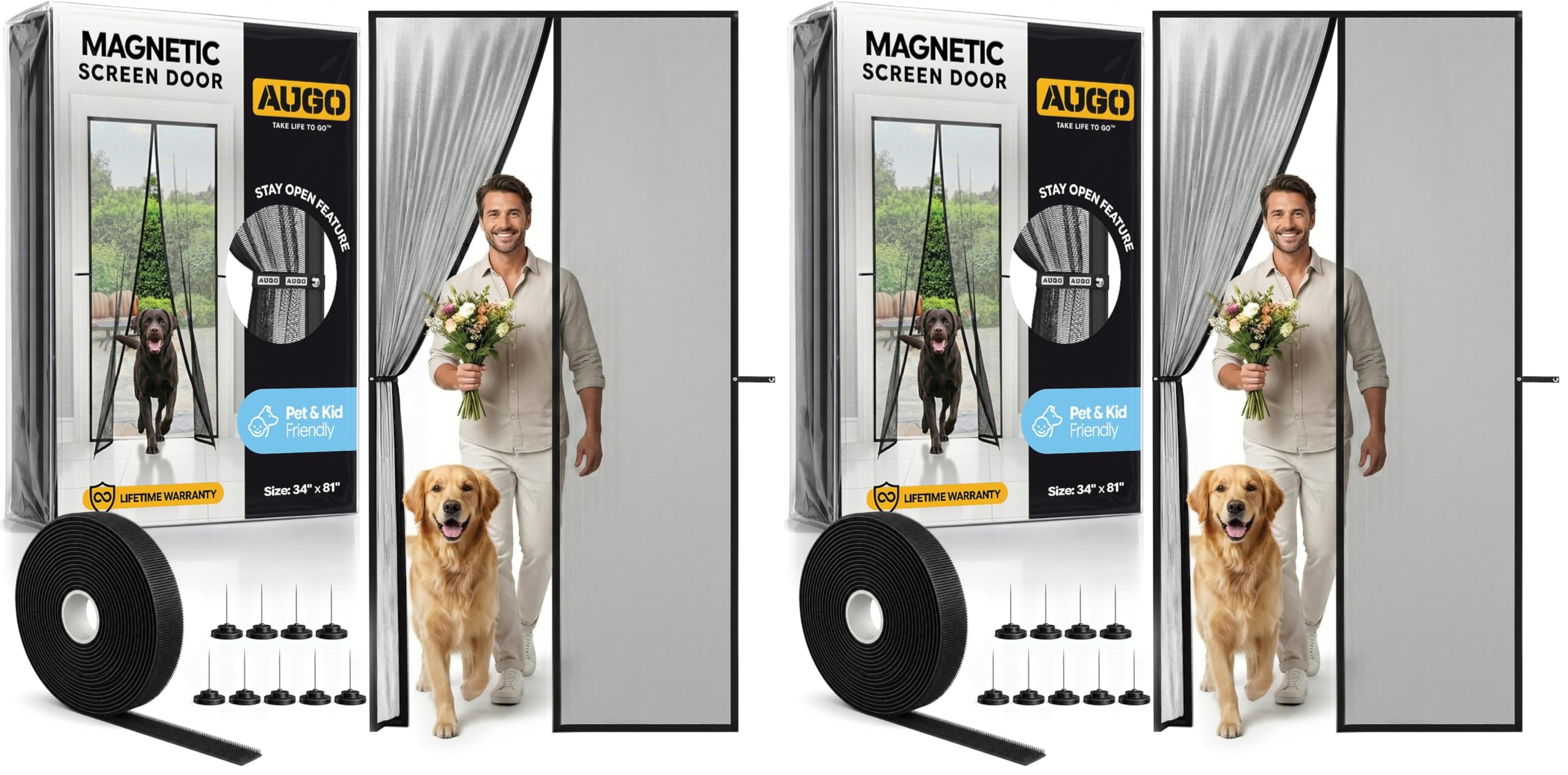 AUGO Magnetic Screen Door - Self Sealing, Heavy Duty, Hands Free Mesh Partition Keeps Bugs Out - Pet and Kid Friendly - Patent Pending Keep Open Feature - 34 Inch x 81 Inch (Pack of 2)