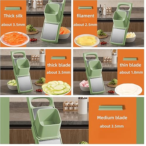 Miniatura 8 de Cortador de verduras, tabla de cortar alimentos 5 en 1 con cesta de drenaje y 5 cuchillas de acero inoxidable, cortador de mandolina para ensalada,
