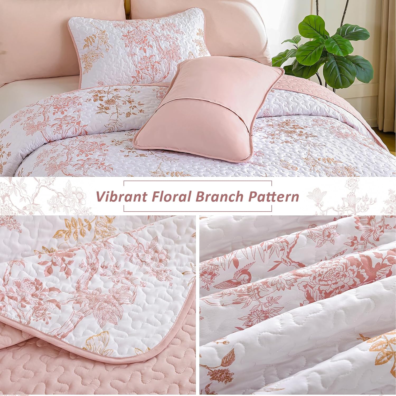 WONGS BEDDING Pink Floral Quilt Set King,Botanical Leaf & Butterfly Pattern Bedspread Coverlet Set,Soft Beautiful Farmhouse Plants Quilts Bedding Set for All Seasons(104"×90")