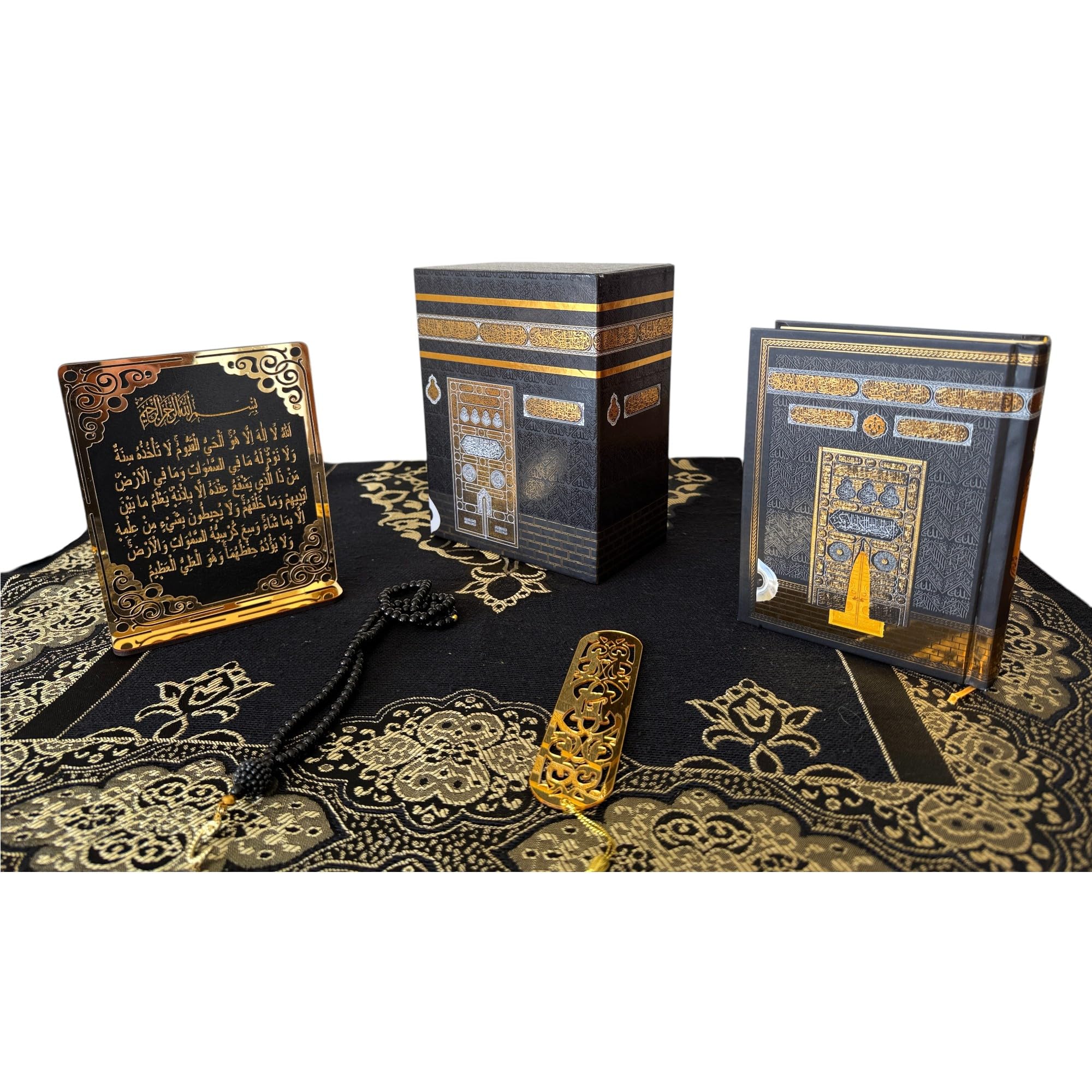 SAIKA Muslim Prayer Rug, Islamic Gift Set, Velvet Full Arabic Quran, Elegant Kaaba Design Box, Ayat El Kursi Table Top, Prayer Beads, Bookmark, Janamaz, Salah Mat (ESMA UL HUSNA)