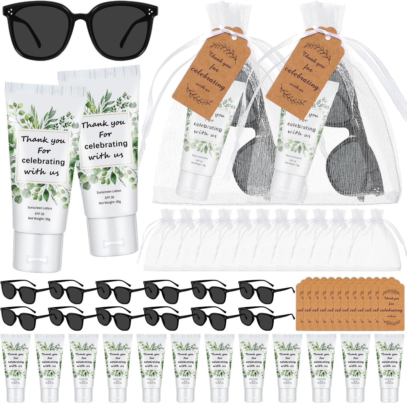 12 Sets Mini Sunscreen and Sunglasses Bulk for Wedding Party Spf30 Water Resistant Sunscreen Lotion Bulk 1oz Travel Size for Thank You Gifts Wedding Party Supplies (Eucalyptus)