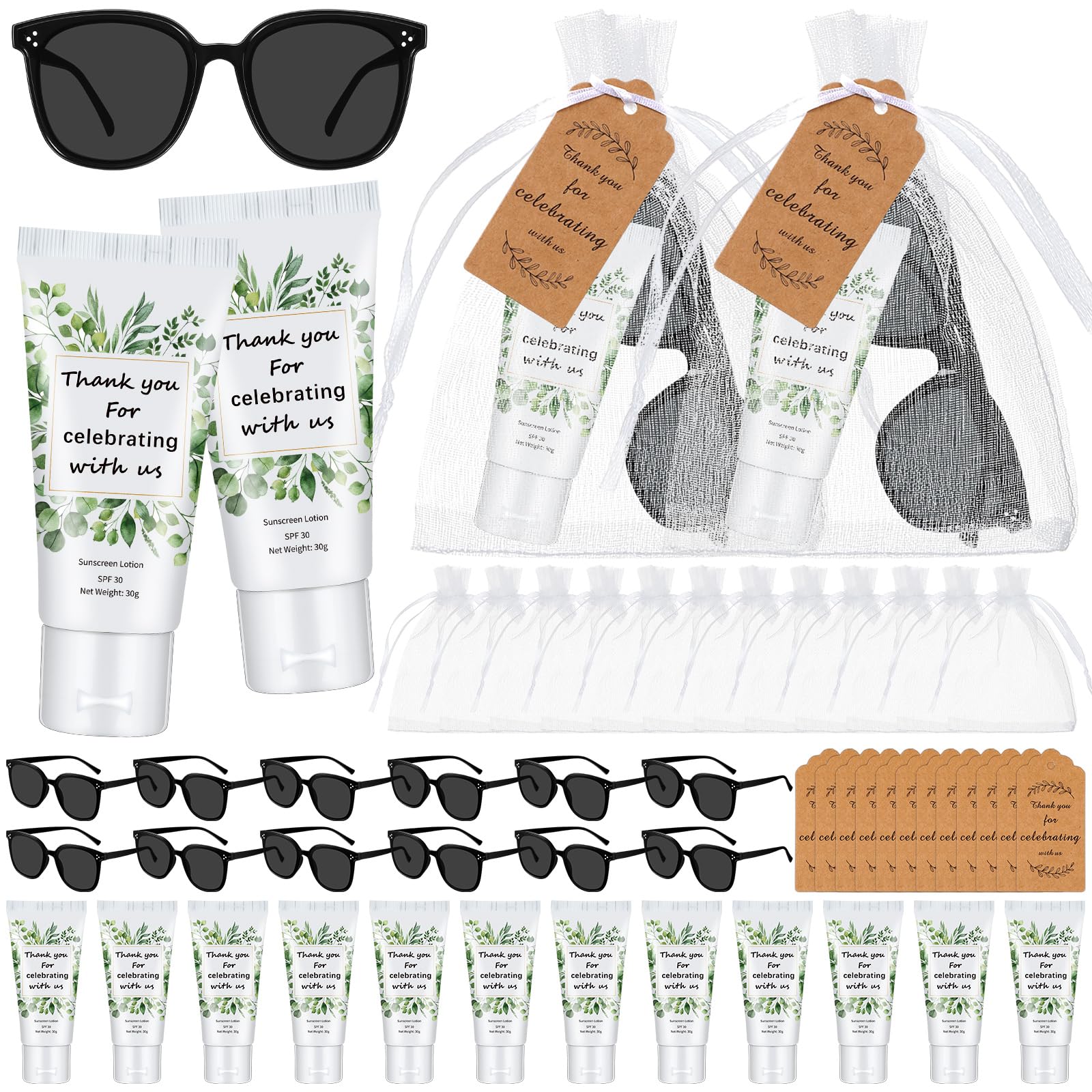 12 Sets Mini Sunscreen and Sunglasses Bulk for Wedding Party Spf30 Water Resistant Sunscreen Lotion Bulk 1oz Travel Size for Thank You Gifts Wedding Party Supplies (Eucalyptus)