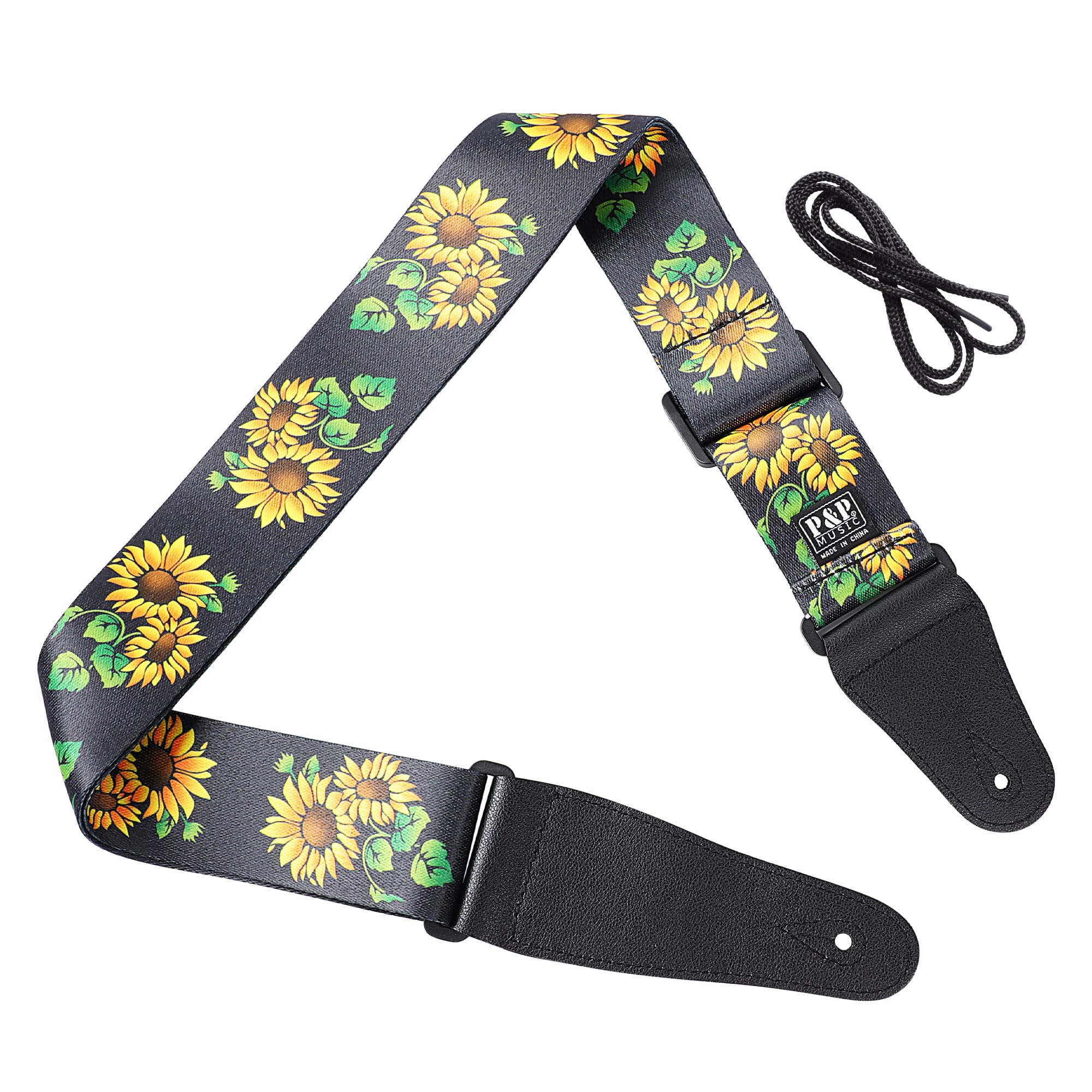 uxcell Guitar Strap, Vintage Sunflower Print Guitar Shoulder Straps with Leather End & Free Lace Tie