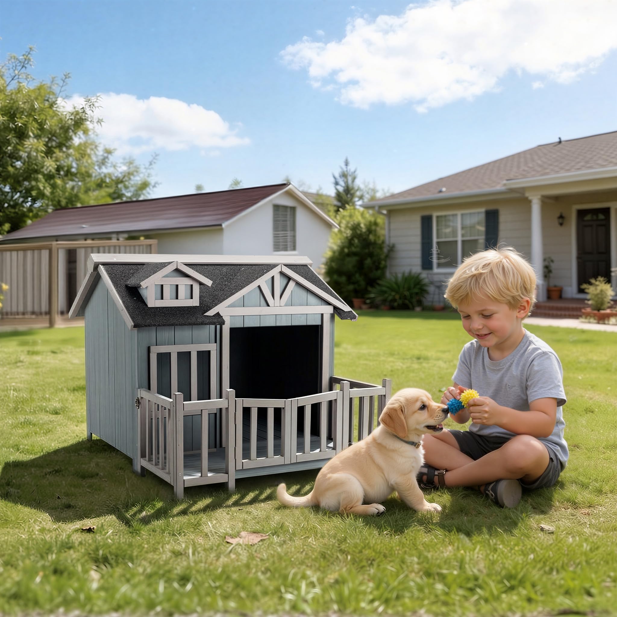 Cuccia per cani Luxus XL con patio in legno per uso esterno