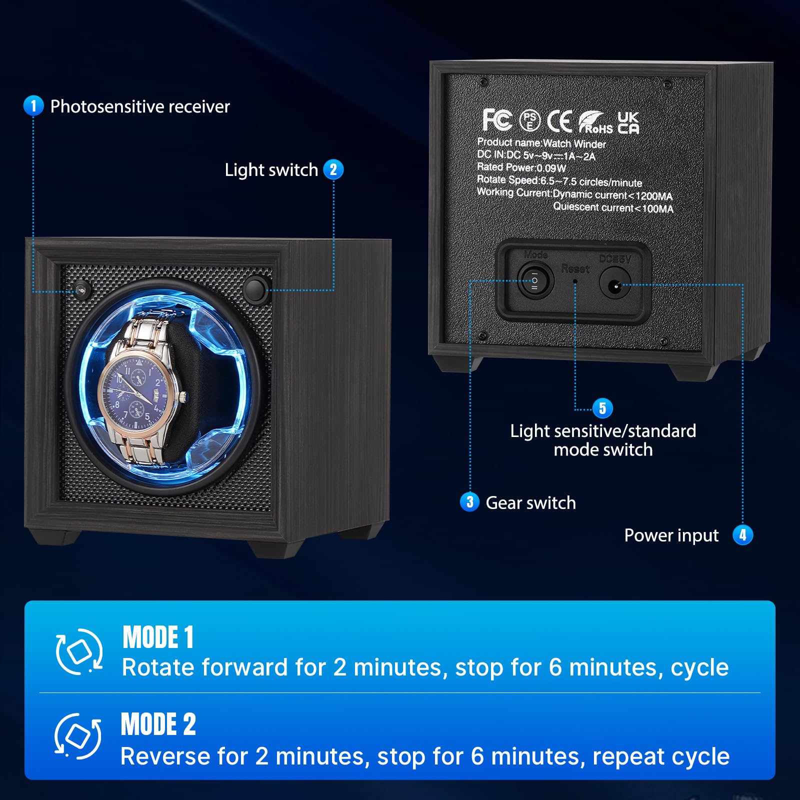 Isili Einzel Uhrenbeweger für Automatische Uhren, Auto Start-Stop Uhr Winders Box für Liebhaber, mit Quiet Motor 2 Rotation Mode Einstellung, blaues Licht, Geschenk für Vatertag