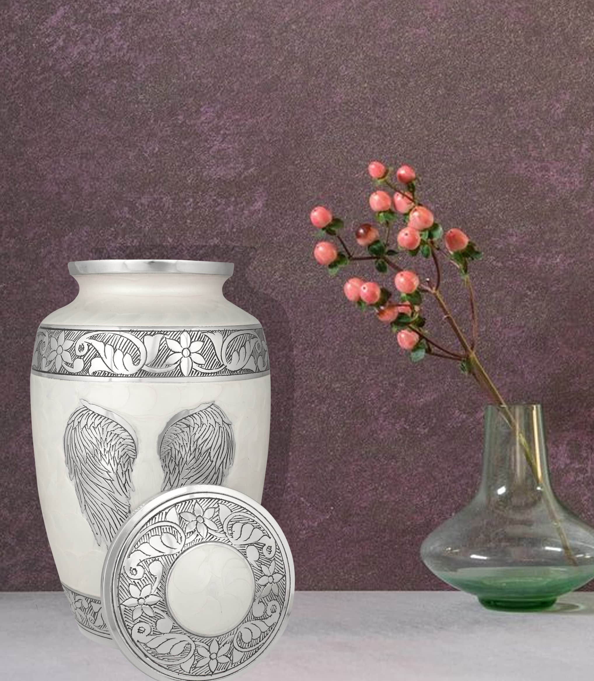 Decorative Urns, Decorative Urns for Human Ashes Adult, Classic White Hand enameled with Angle Feather 10" Height x 9.75" Dia, Capacity 224 Cubic Inches, Cremation urns for Adult Ashes