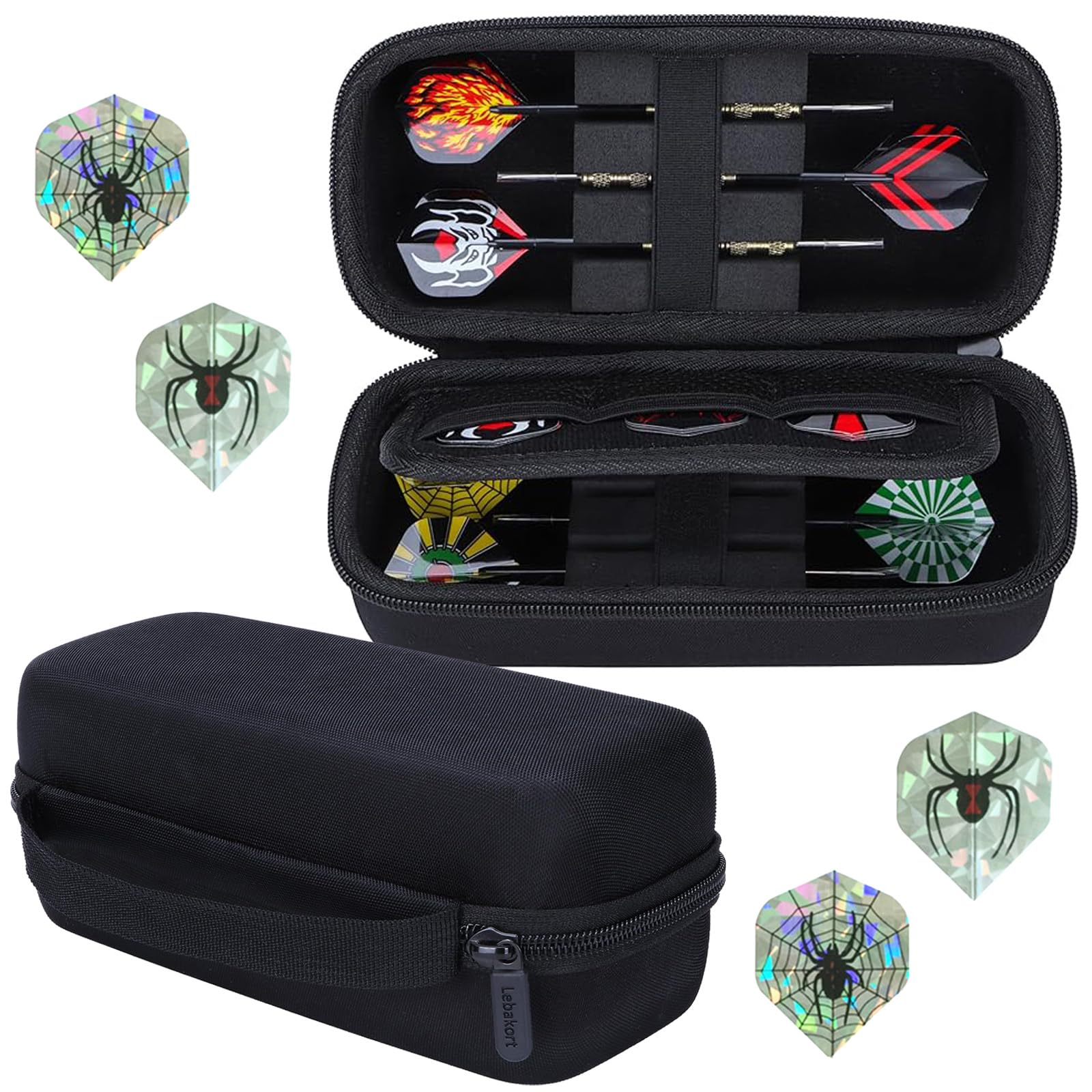 JYJLLM 5PCS Dart Case Storage Set, Hard EVA Shell Carrying Bag with 4 Spider Flight Wings for Steel Tip Soft Tip Darts Accessories