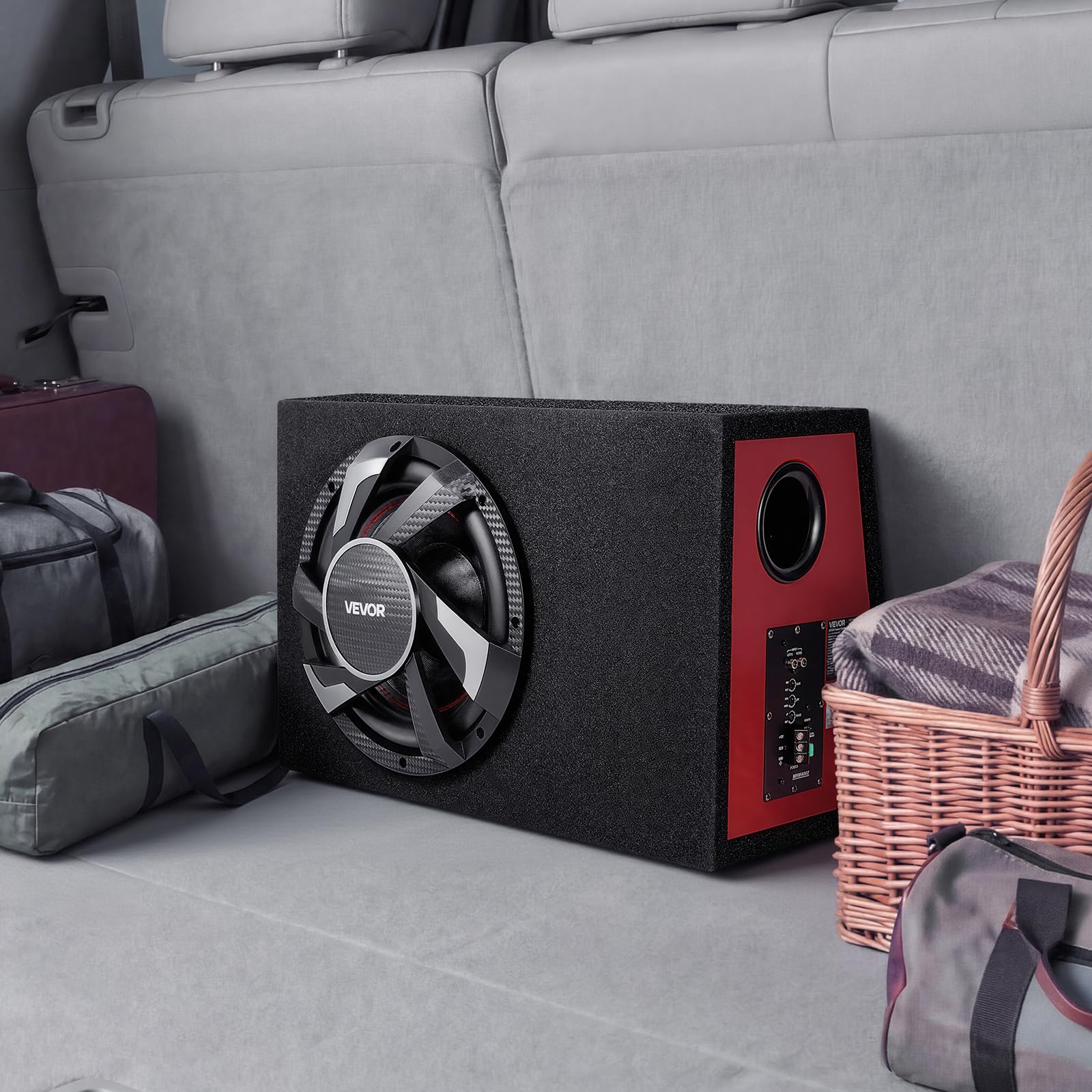 VEVOR Subwoofer para Maletero de Coche 245W RMS 305mm, Caja de Subwoofer con Carcasa, Amplificador Integrado, Juego de Cableado, Diseño Trapezoidal Delgado y Compacto, para Sistema de Audio de Coche