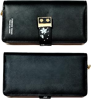 محفظة نسائية جلدية سوداء مع زخرفة زهور وإغلاق ذهبي