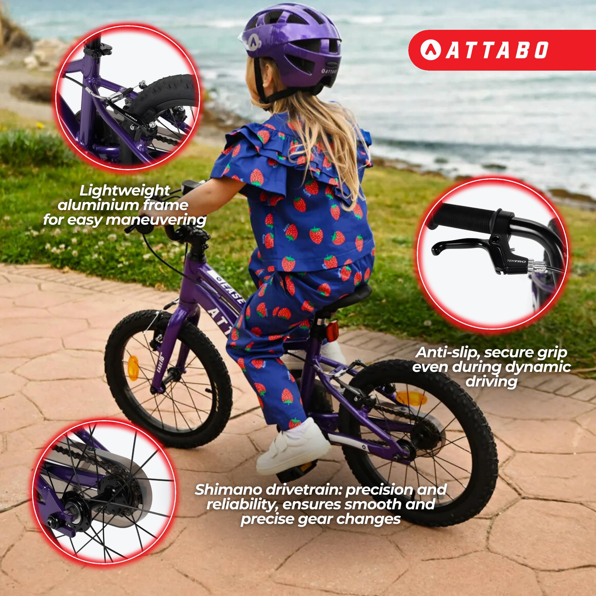ATTABO Fahrrad Ease 16"" haltbares und ergonomisches Design mit geringem Überhang Ideal für Radfahranfänger Farbe Rot/Blau/Pink/Lila/Silber