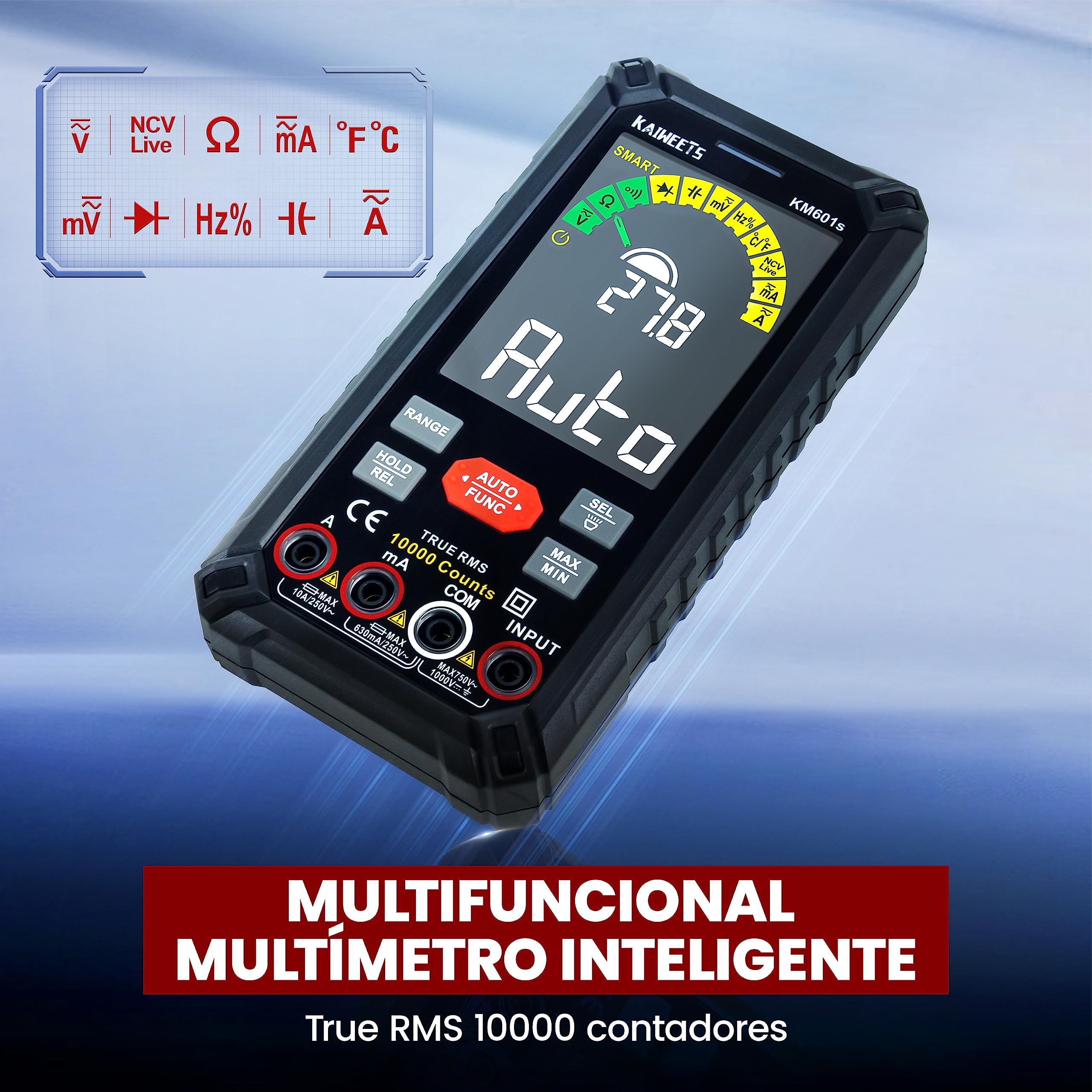 KAIWEETS Multímetro Inteligente Recargable 10000 Conteos, Polimetro Digital Profesional, Mide Corriente Voltaje Resistencia Continuidad Capacitancia Diodo Frecuencia-KM601s