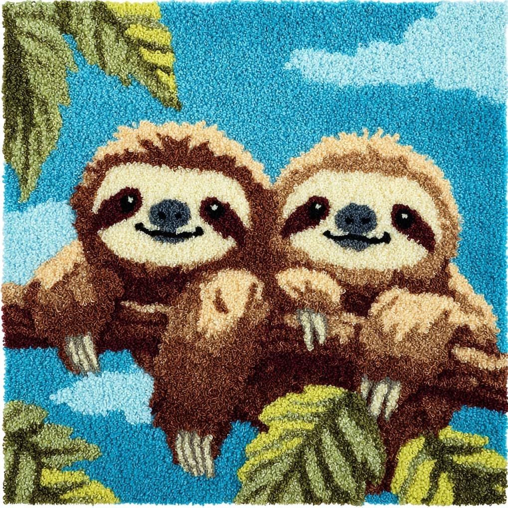 WallustrioaW Latch Hook Kit for Cushion Making,Two Adorable Sloths,Complete DIY Craft Kit with Yarn, Hook Tool & Guide,Stress Relief Art Project for Adults/Teens,17x17in