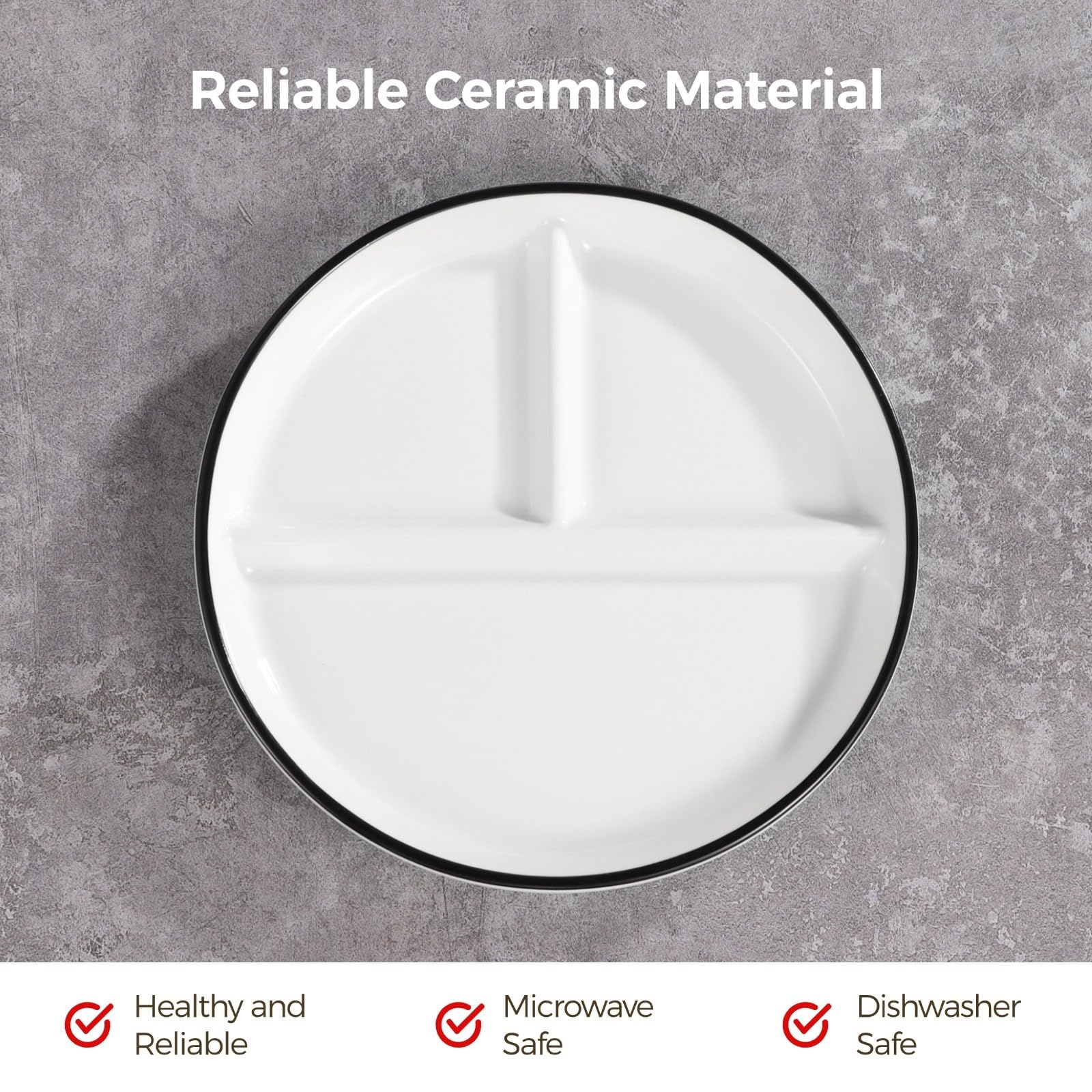 Lot de 2 assiettes de contrôle des portions, 23,6 cm en céramique divisée pour adultes, régime alimentaire en porcelaine, blanc pour repas équilibrés, diabète et perte de poids