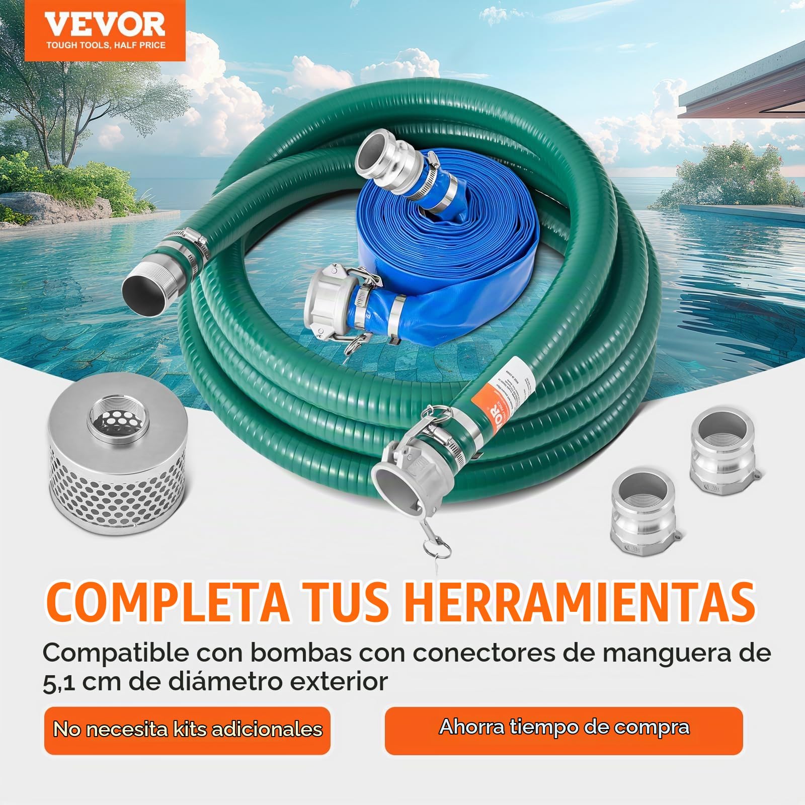 VEVOR Kit de Manguera de Succión para Bomba con Manguera de Retrolavado Azul de 50,80mmx15,24m, Manguera de Succión Verde de 6,1 m y Filtro de Orificio Redondo de Acero, Levas, Abrazaderas, Adaptador
