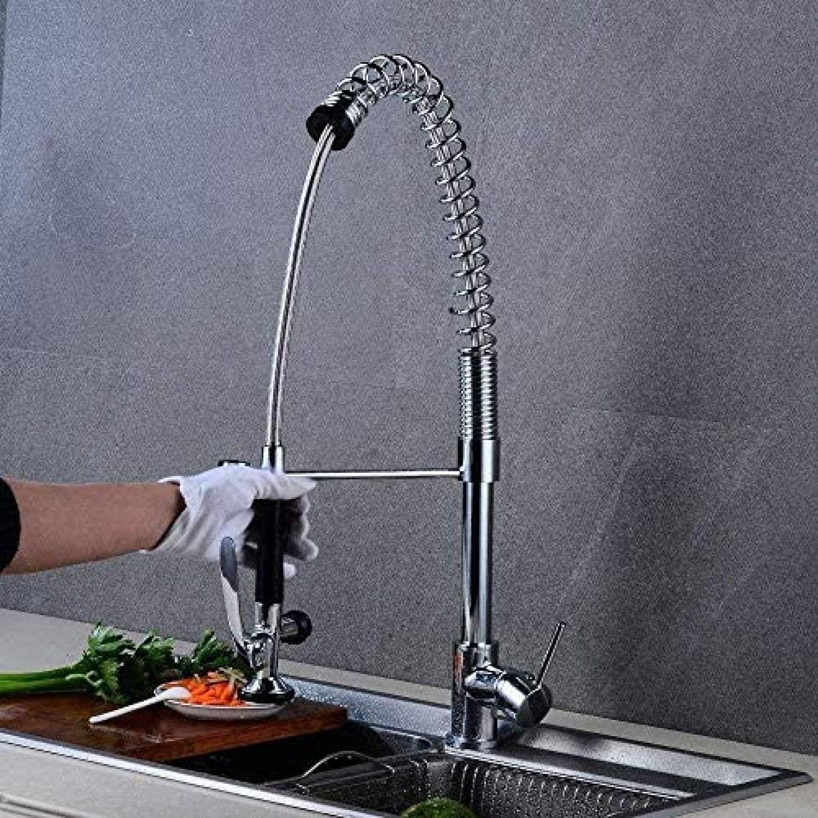Rubinetto Cucina moderna Rubinetto a molla a scomparsa Maniglia singola Testa rotante Irrigatore Rubinetto lavello pre-risciacquo Rubinetto alto in ottone commerciale per impieghi gravosi