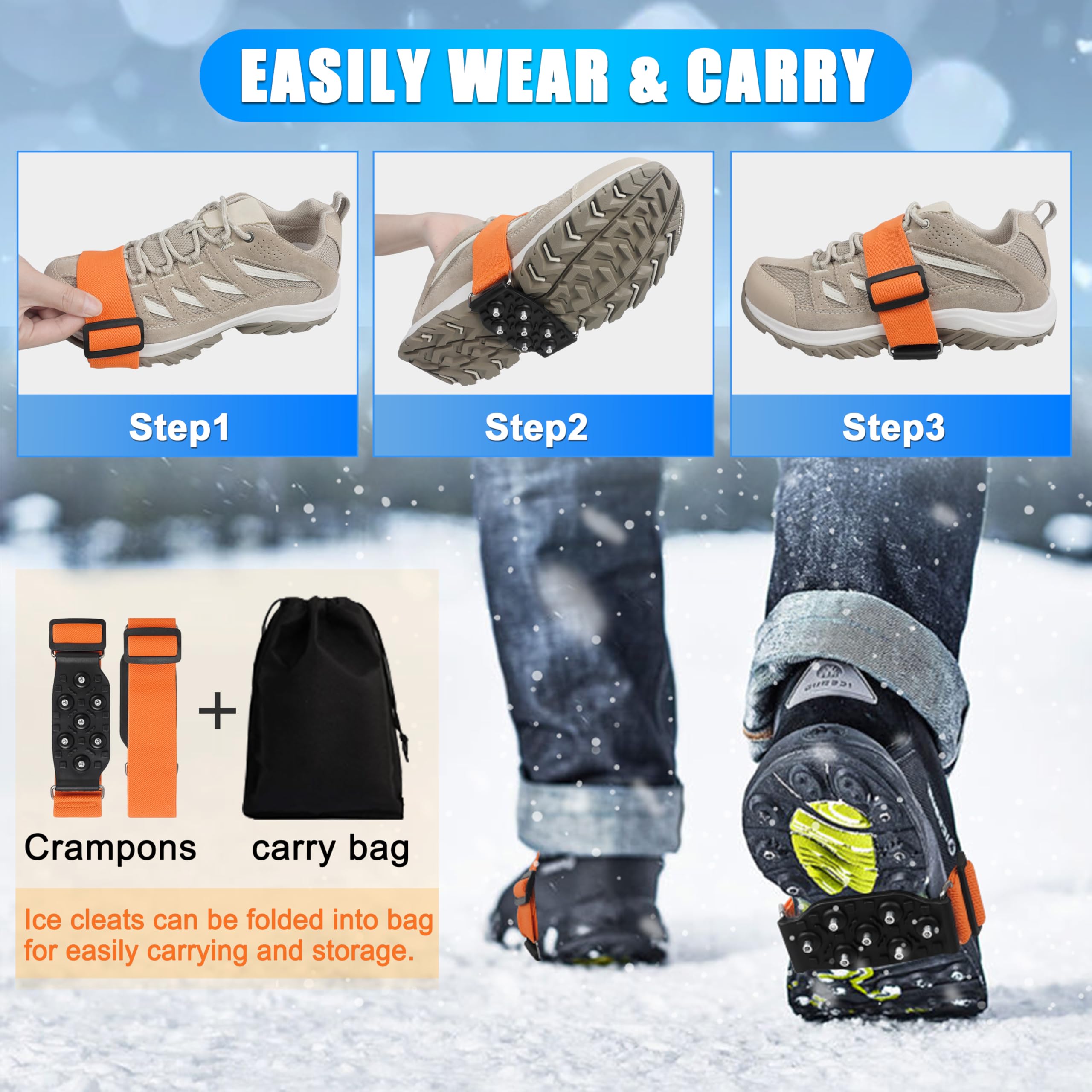 Ice Cleats Snow Traction Cleats for Walking on Snow and Ice Midsole Non-Slip Crampons with Adjustable Straps 7 Tungsten Studs for Grippers Anti Slip Traction Cleats for Walking Jogging Hiking