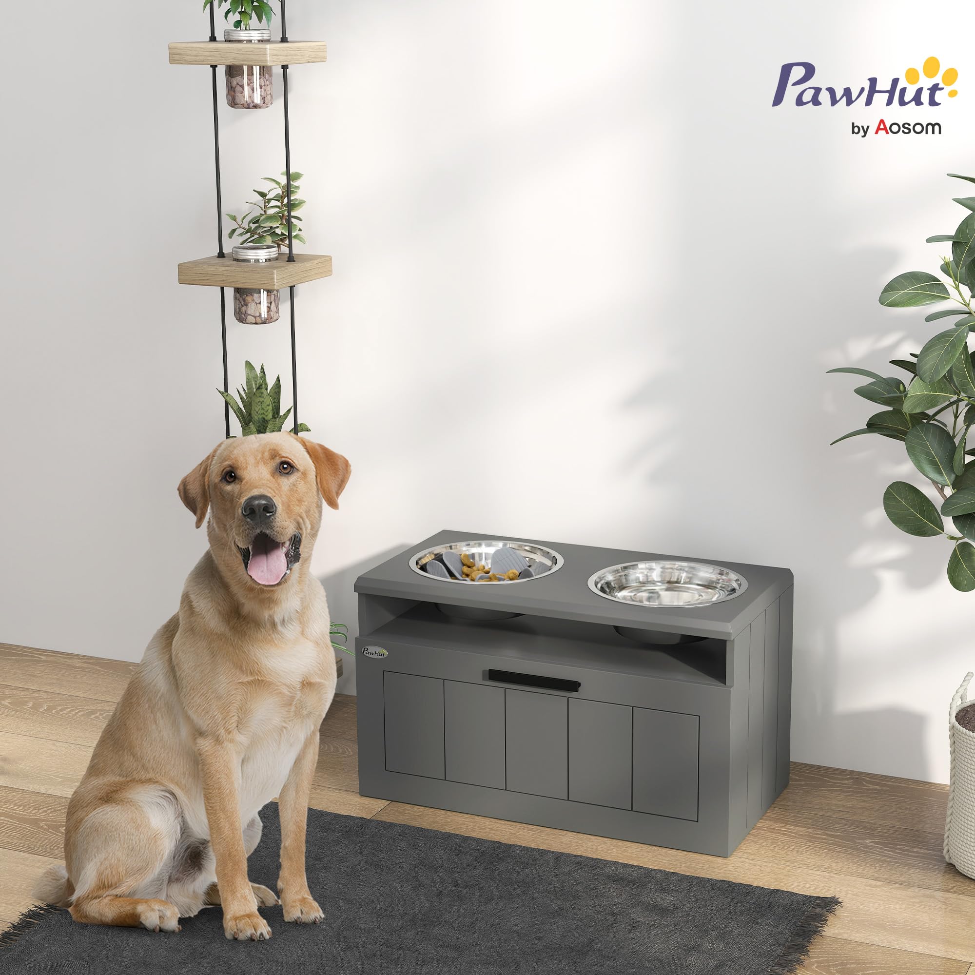 PawHut Comedero Elevado para Perros con 2 Recipientes de Acero Inoxidable, Alfombrilla Antirozaduras, Soporte con Espacio de Almacenamiento de 25L y Bebedero