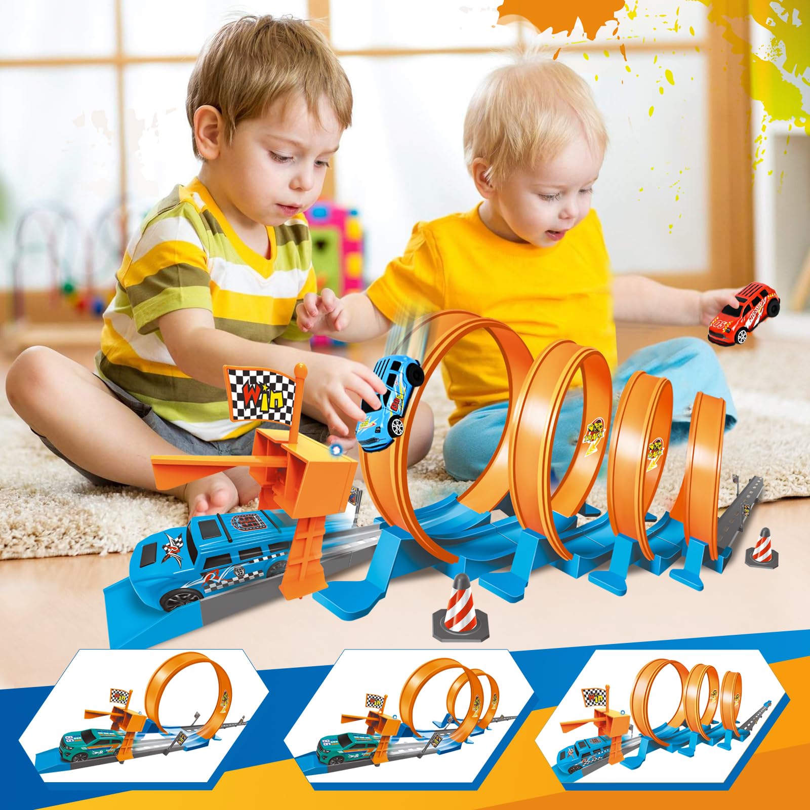 Ulikey Piste de Voiture Enfant, 76 Pièces Flexible Circuit Voitures avec 4 Loopings & 6 Voitures, Pistes de Course Voiture Jouet avec Lumières & Son, Démontage&Stockage, Cadeau Garcon Fille de 3+Ans
