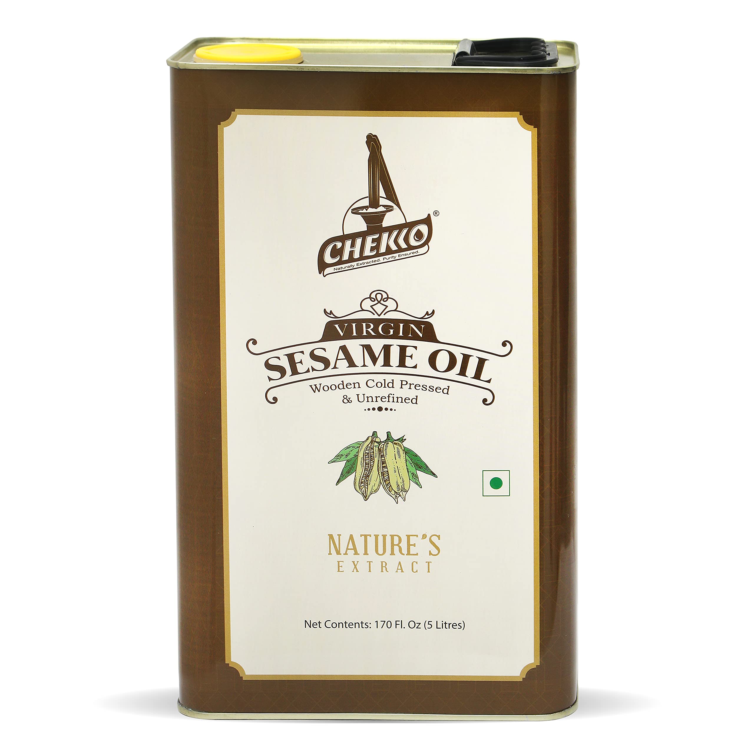 Chekko Cold Pressed Virgin Sesame (Gingelly) Oil | 100% Natural, Pure & Wood Pressed (5L) for Cooking, Haircare, Seasoning, Oil Massage and Oil Pulling