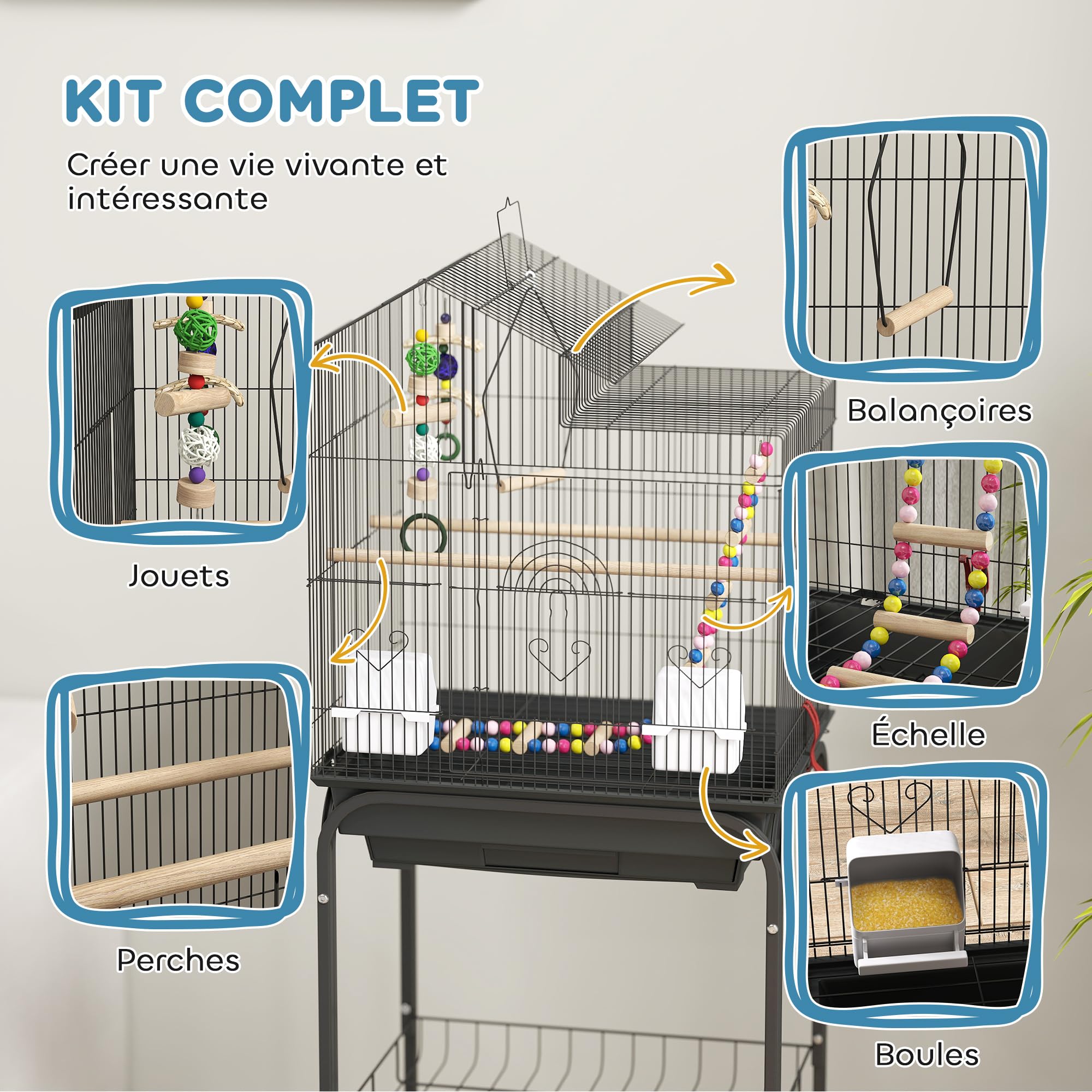 PawHut Cage à Oiseaux sur Roues 46 x 36 x 120 cm 2 mangeoires 2 perchoirs étagère Cage pour Perruche calopsitte Conure Pinson canaris