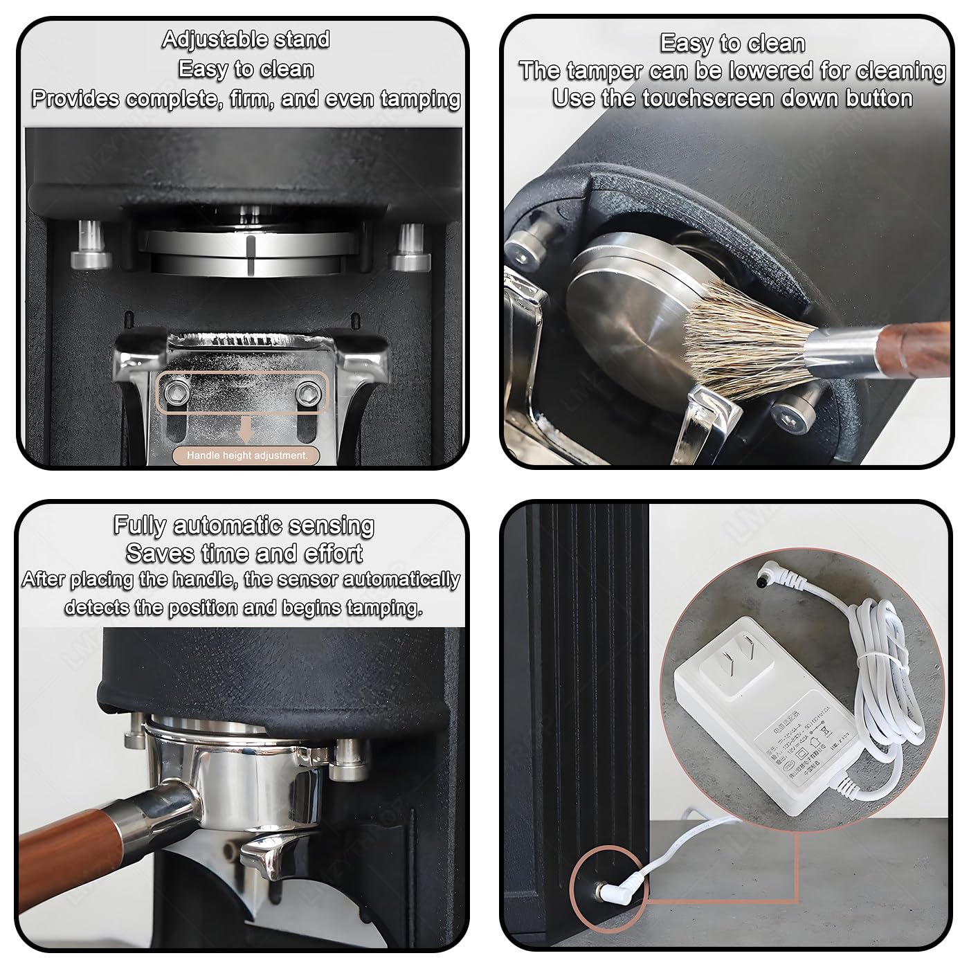Tamper do Kawy,Ekran Dotykowy,Pasuje do Różnych Uchwytów & Kawy Mielonej,Regulacja Ciśnienia 5-30kg,1-3 Ustawienia Docisku,Ubijak do Kawy 58mm,Regulowana Wysokość Podstawy Black