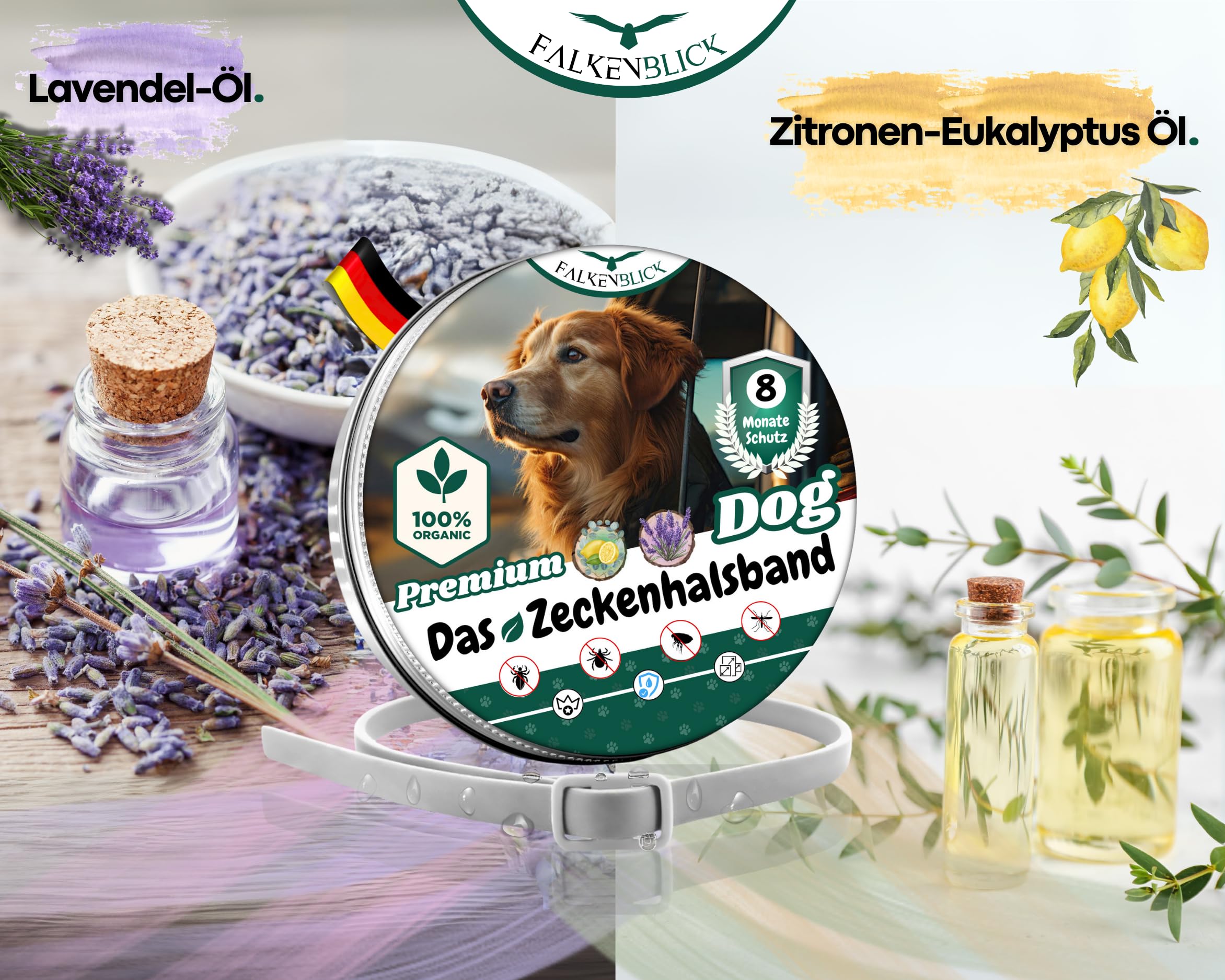 Das Zeckenhalsband für Hunde 100% Pflanzliches Premium Öl 2026 | Wirkungsvoller Schutz gegen Zecken Flöhe Mücken Läuse Ungeziefer Lavendel Zitroneneukalyptus - 8 Monate Wirkungsdauer