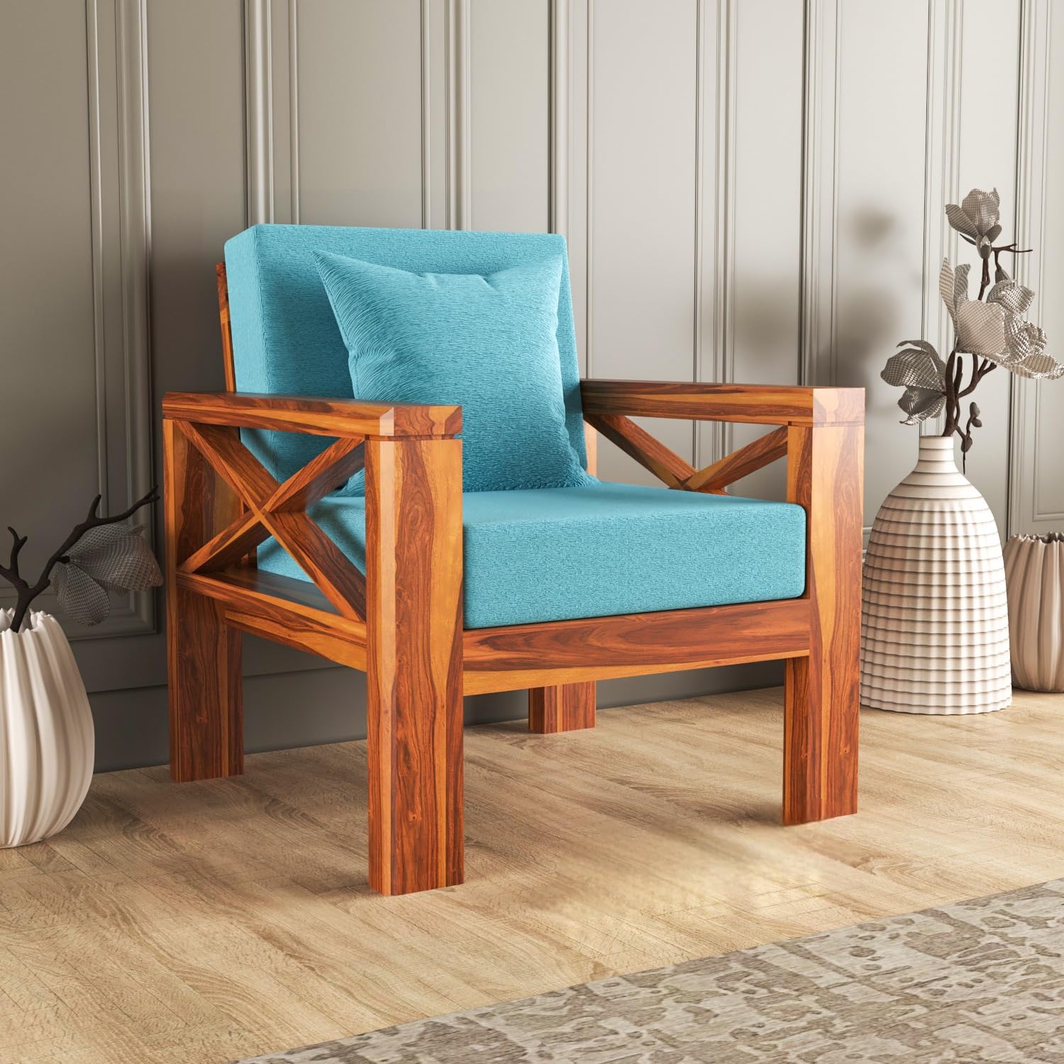 Solid Wood 1 Seater Sofa for Living Room with BlueCushions | X Design Wooden Loveseat Couch for Home, Office & Lounge | Honey Finish-image-41
